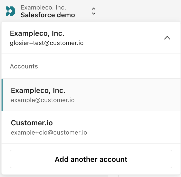 The account switcher dropdown showing two accounts: Exampleco, Inc. and Customer.io. The active account has a teal border on the left. At the bottom is the Add another account button.