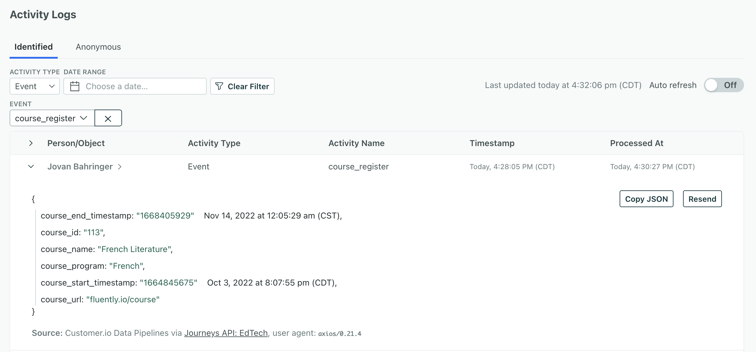 Activity Log timestamps