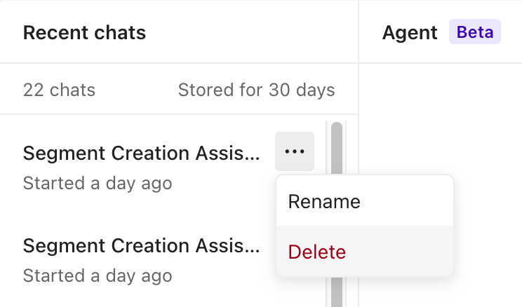 a conversation in the agent history with the three dots menu open and the delete option selected.