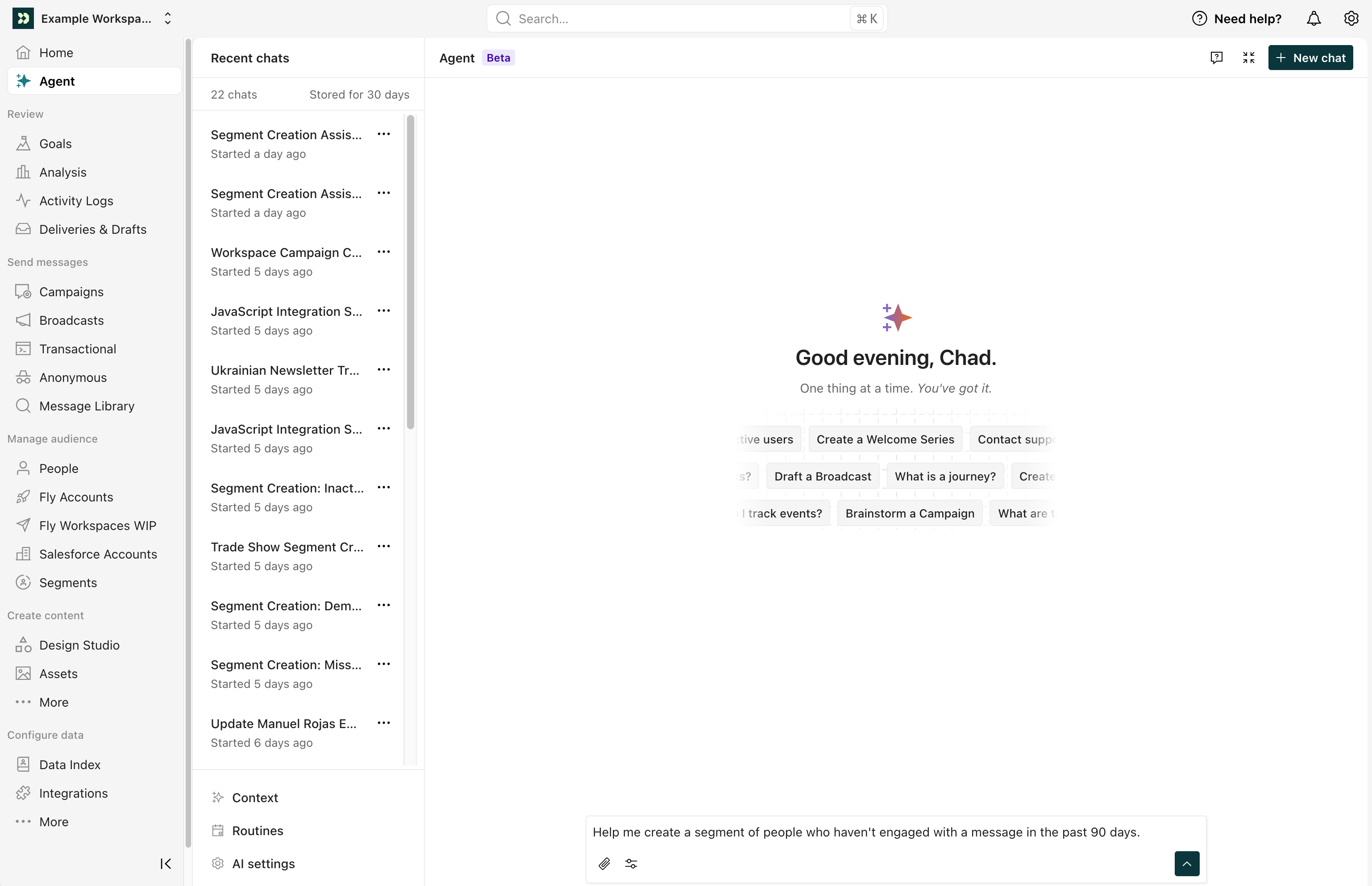 The agent panel is empty, ready to start a conversation.