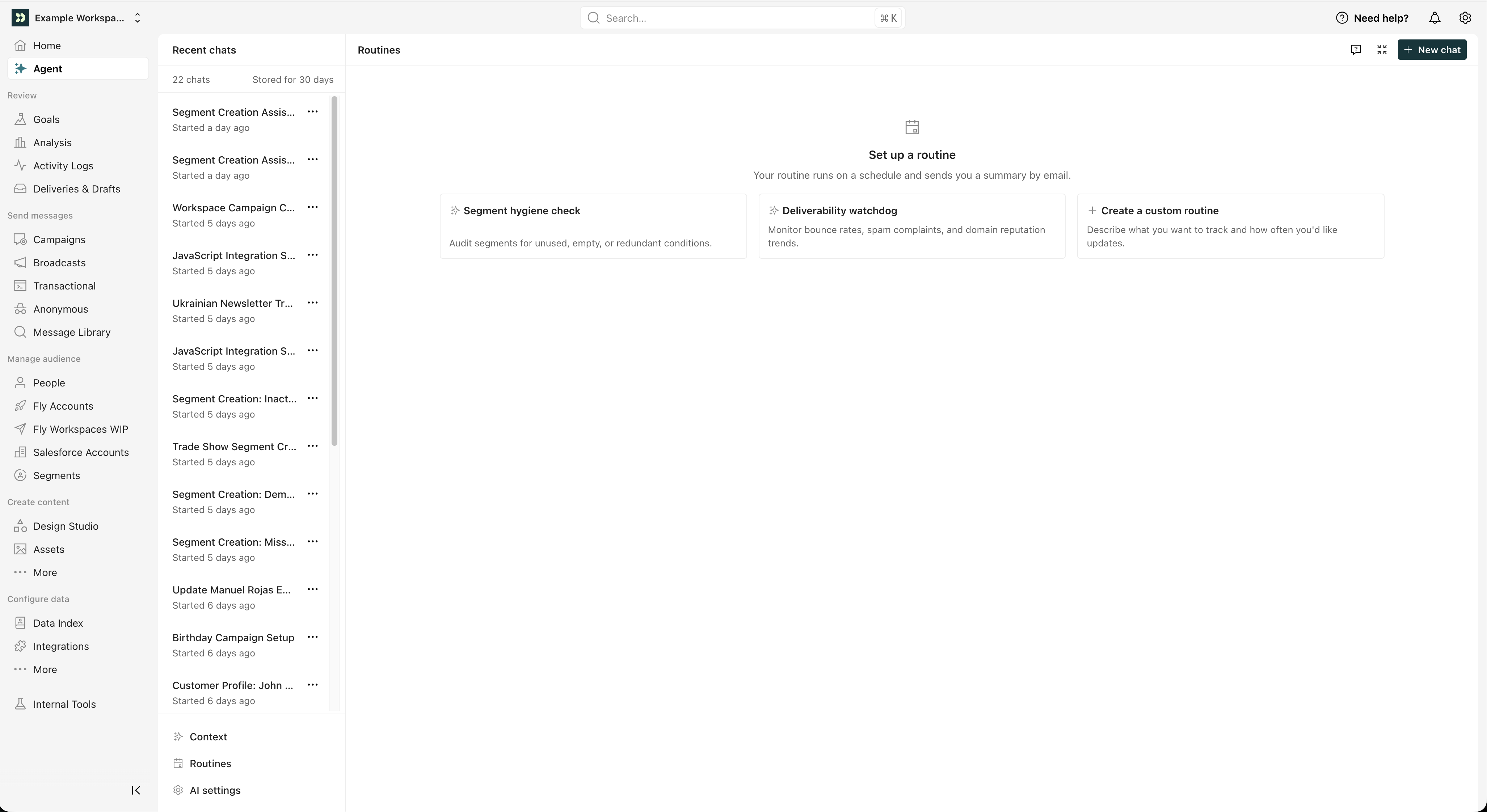 The Routines page showing a list of active routines with their schedules and status.