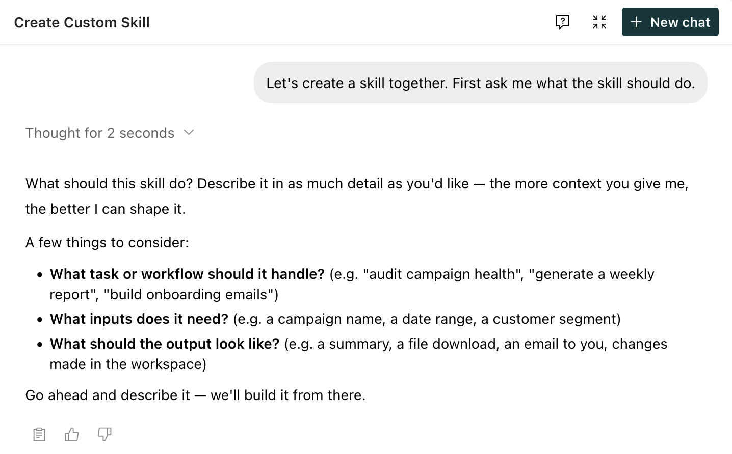 The Create with Agent conversation where the agent asks what the skill should do.