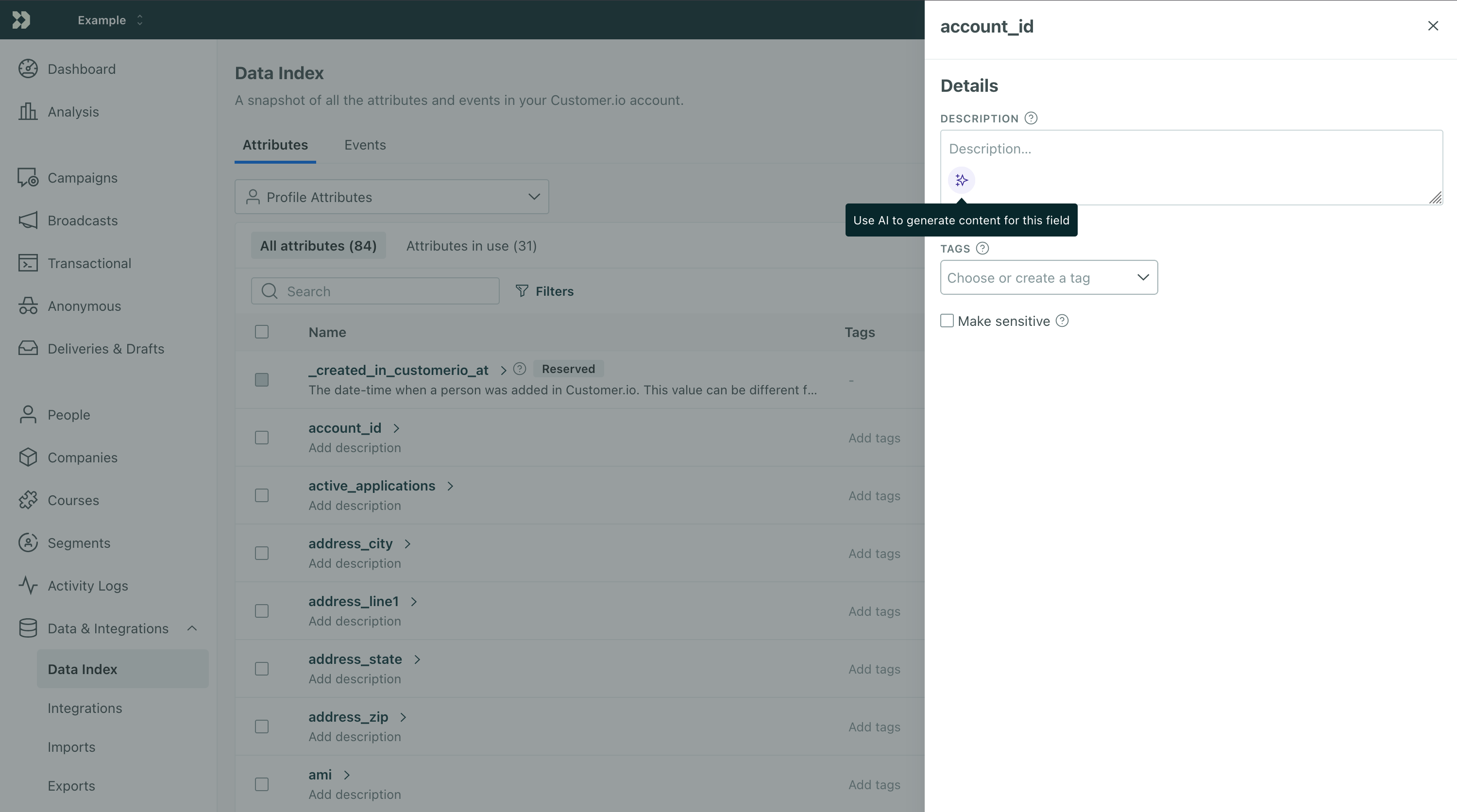An attribute in the data index called account_id with the AI description button highlighted