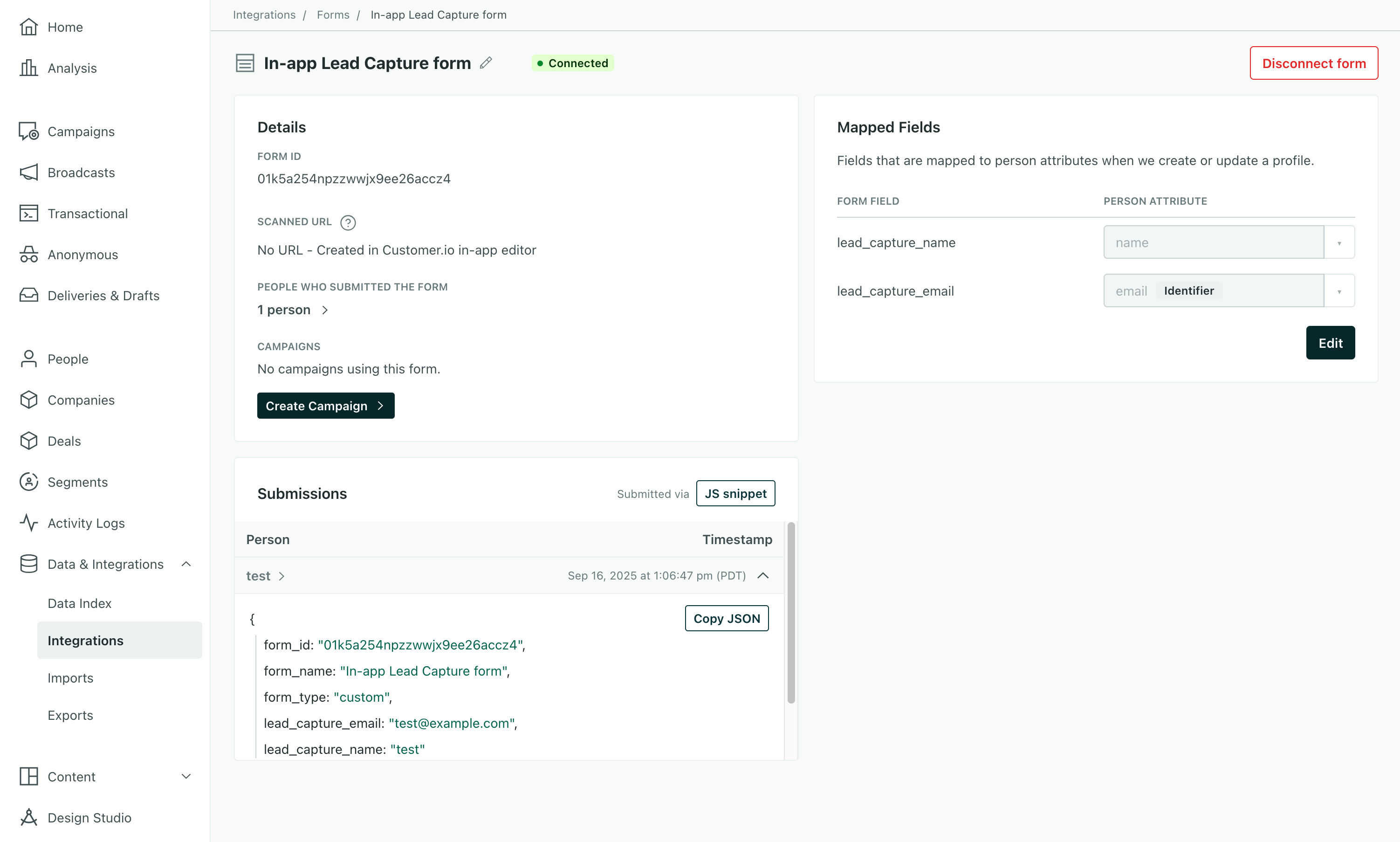 The form integration in the integrations page, with the name of the anonymous message