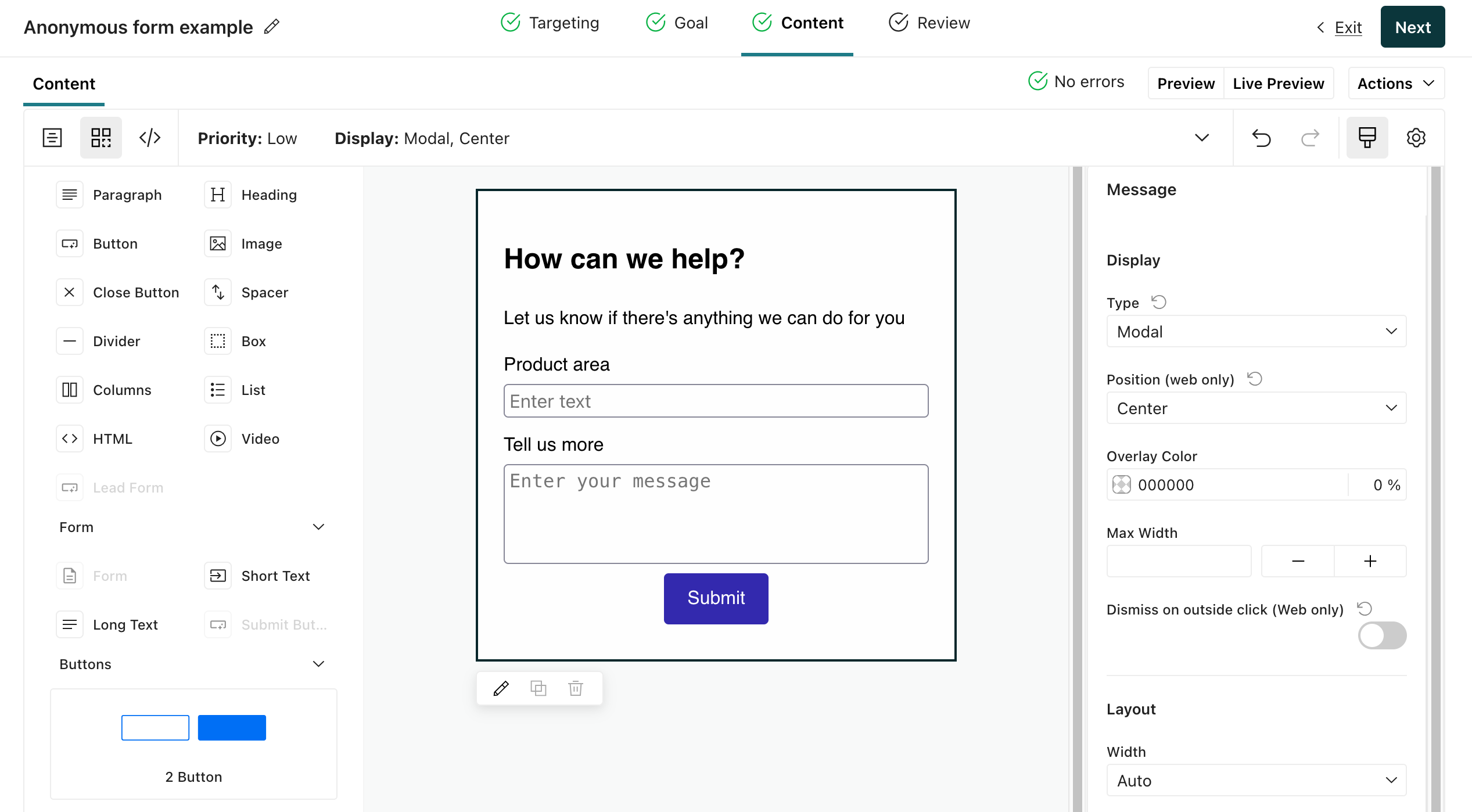 An anonymous in-app message with a form component