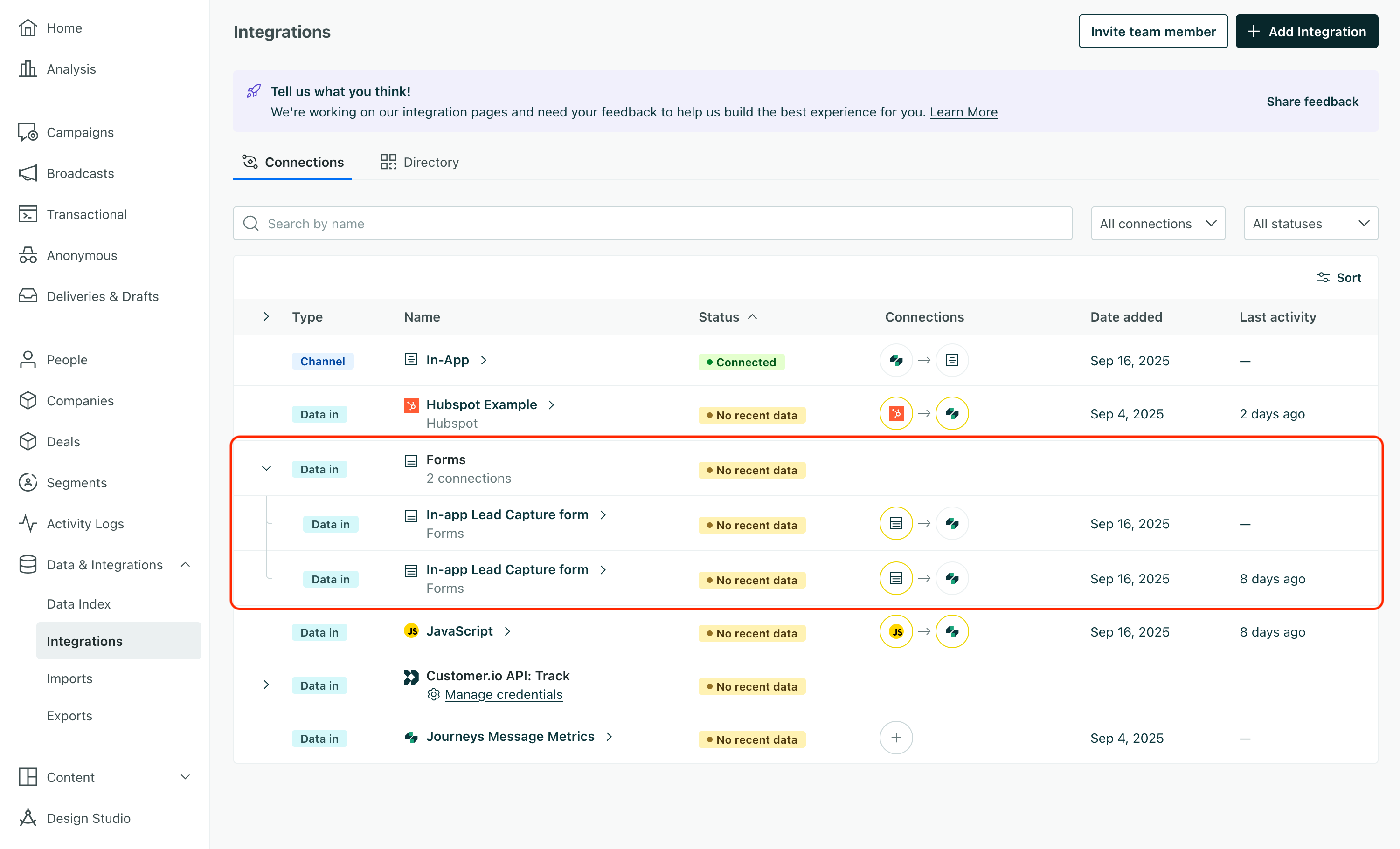 The integrations page showing two form integration with the name of the anonymous message