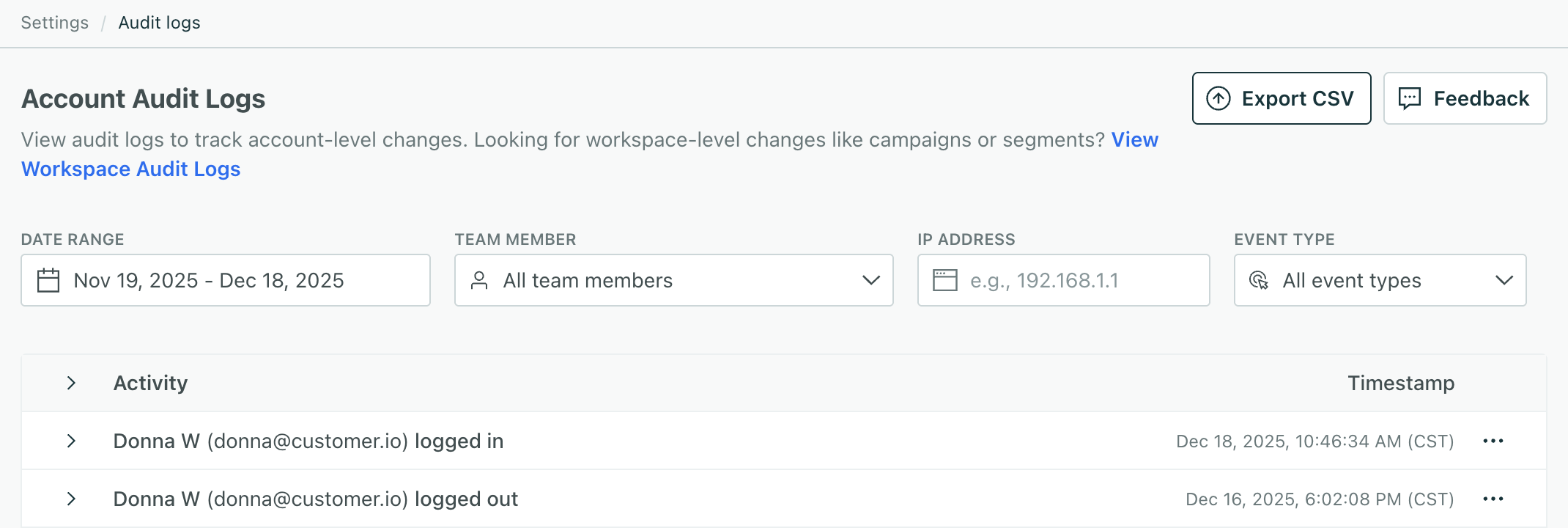 Audit log table including a user session and deletion of an API key