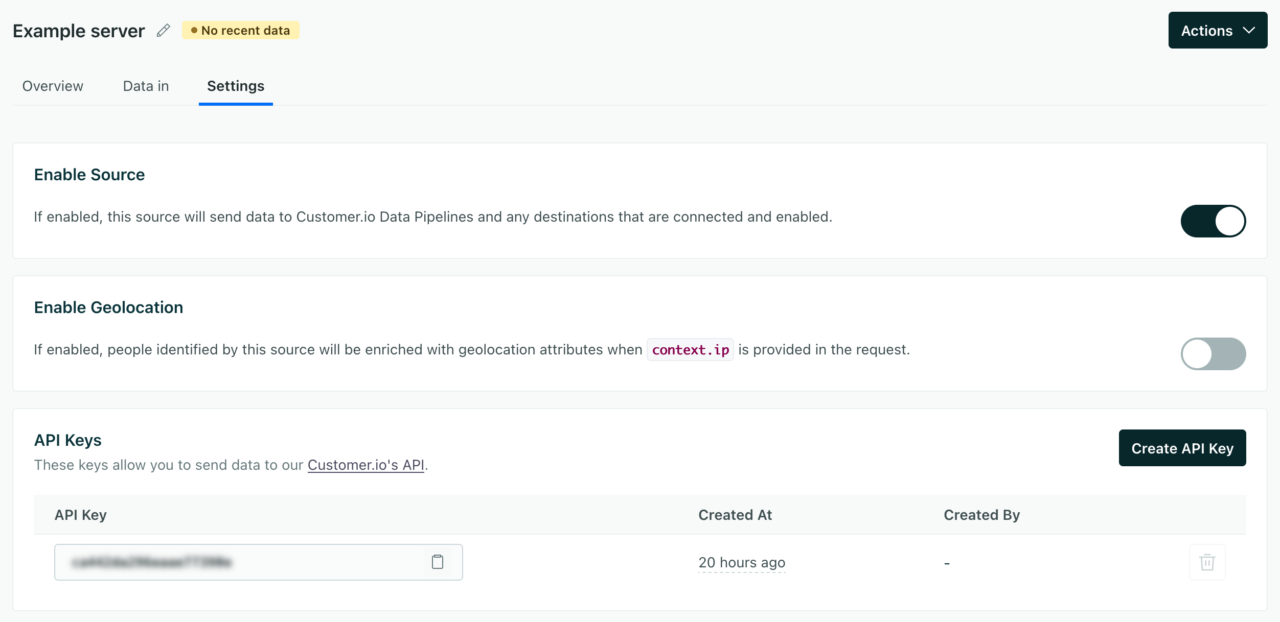 settings for a server-side integration showing the Enable Geolocation setting