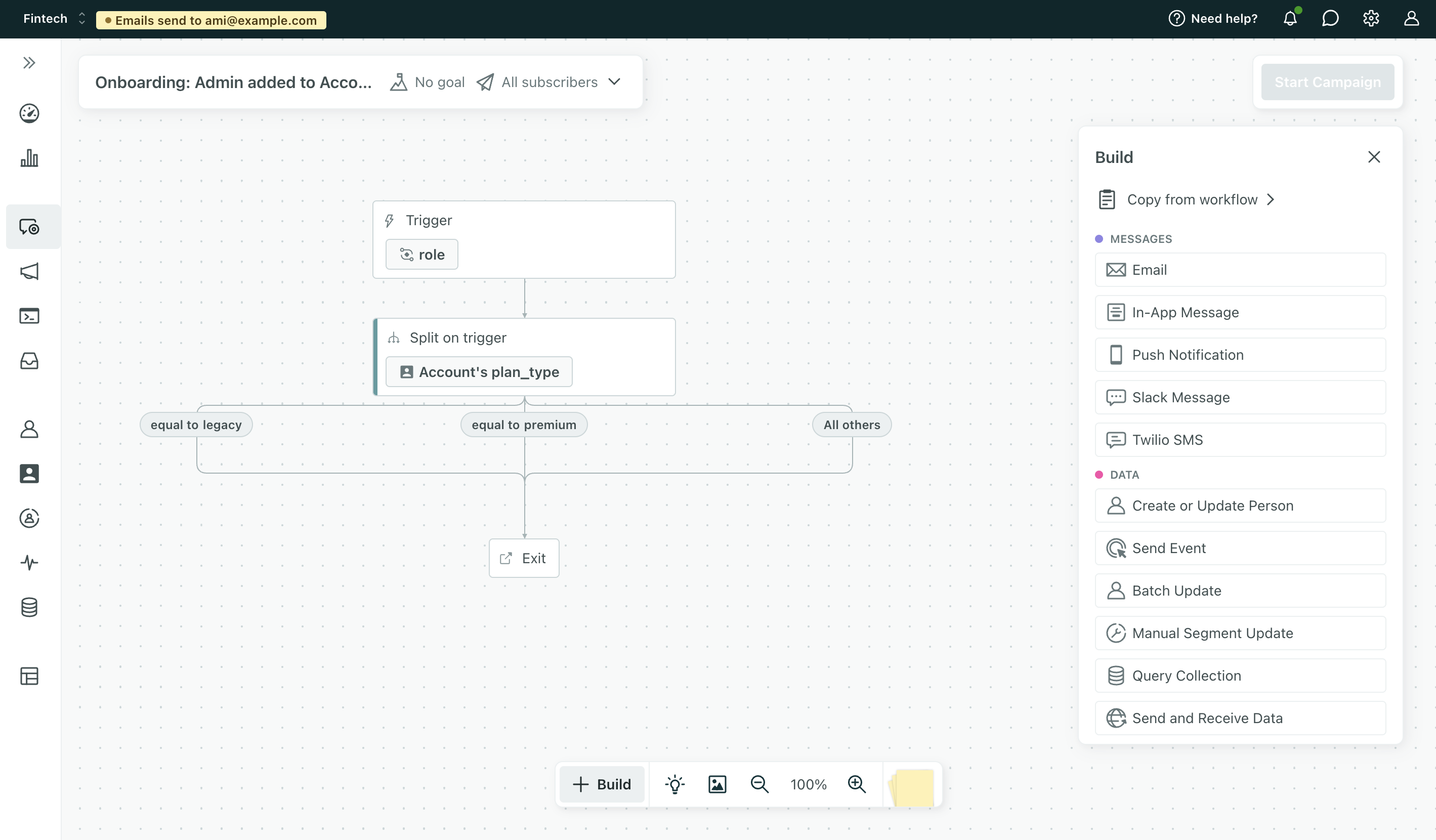A screenshot of the entire workspace window. Step 4 Workflow of campaign creation is selected at the top. The center of the page is the canvas of a campaign that at the top specifies the relationship attribute the campaign triggers on: role. This points down to a multi-split branch called Plan type which reads: split on trigger Account's plan_type. This points to three branches - the left branch reads: equal to legacy. The middle branch reads: equal to premium. The right most branch reads: all others. Each branch label points to a different email in the path.