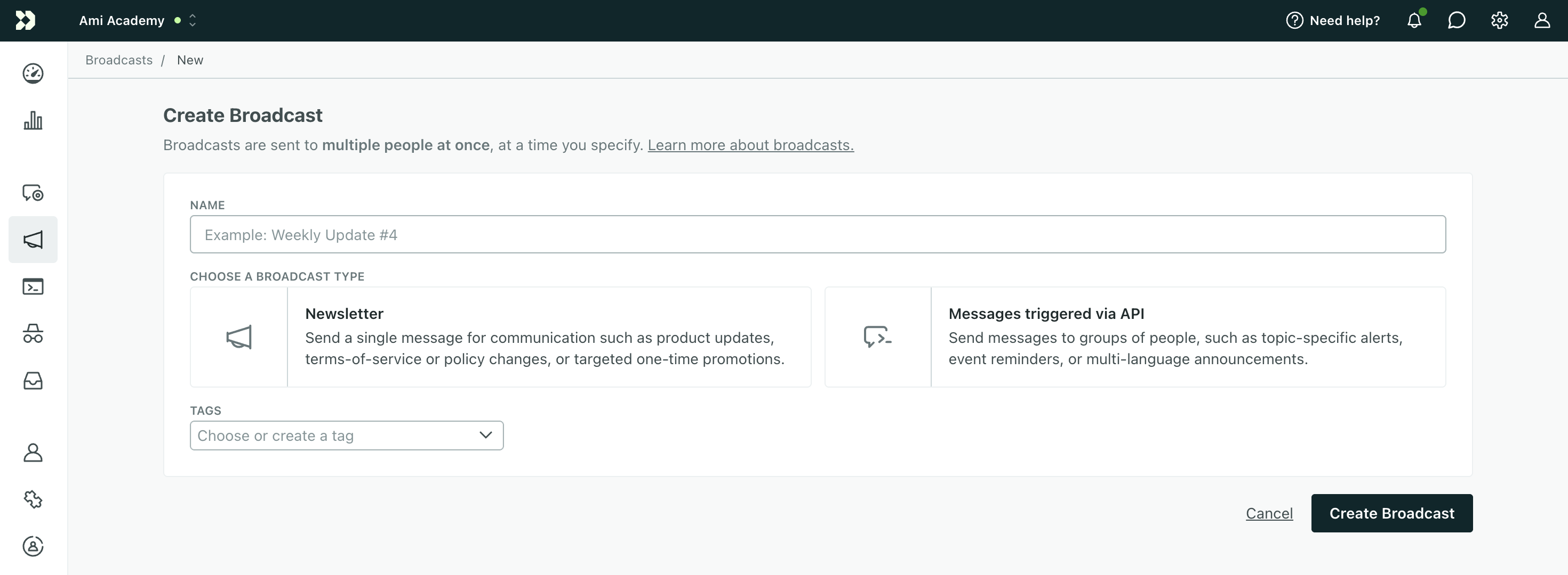 The first page after clicking Create broadcast. There's a field for the name of the broadcast. Under the name, you can choose between newsletter and messages triggered via API.