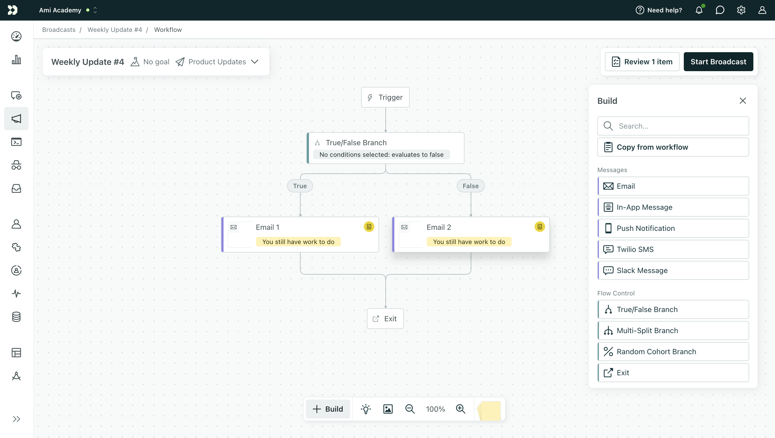 An image of the workflow builder. In the top left is the name of the campaign. In the center is a workflow that starts with trigger followed by a true/false branch. In each branch is an email. In the top right is a button to review an item. To the right of that is the start button.