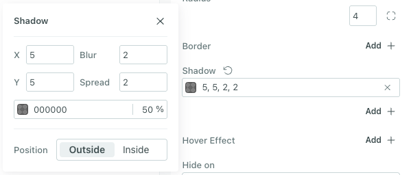 The shadow setup in the properties menu.