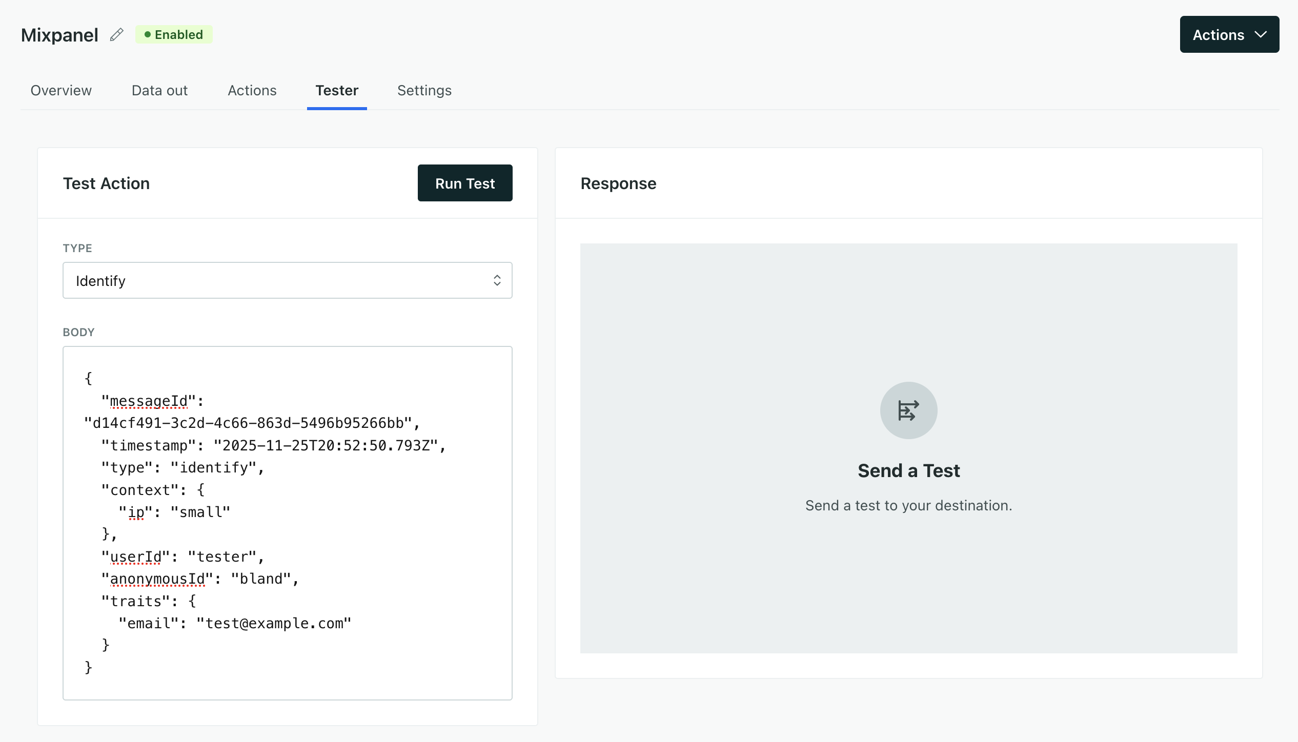 The tester tab for a data out integration. The user can select a type of call and edit the payload to match (or not match) their action's trigger and data structure.