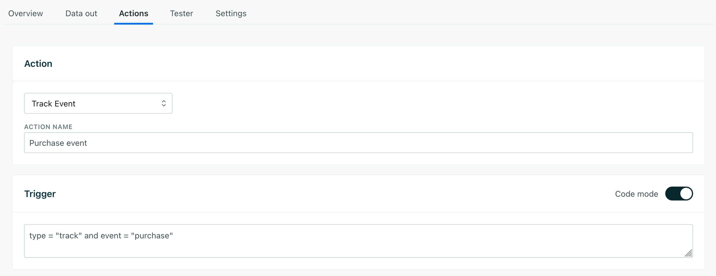 the trigger field set to code mode showing conditions for an event called purchase