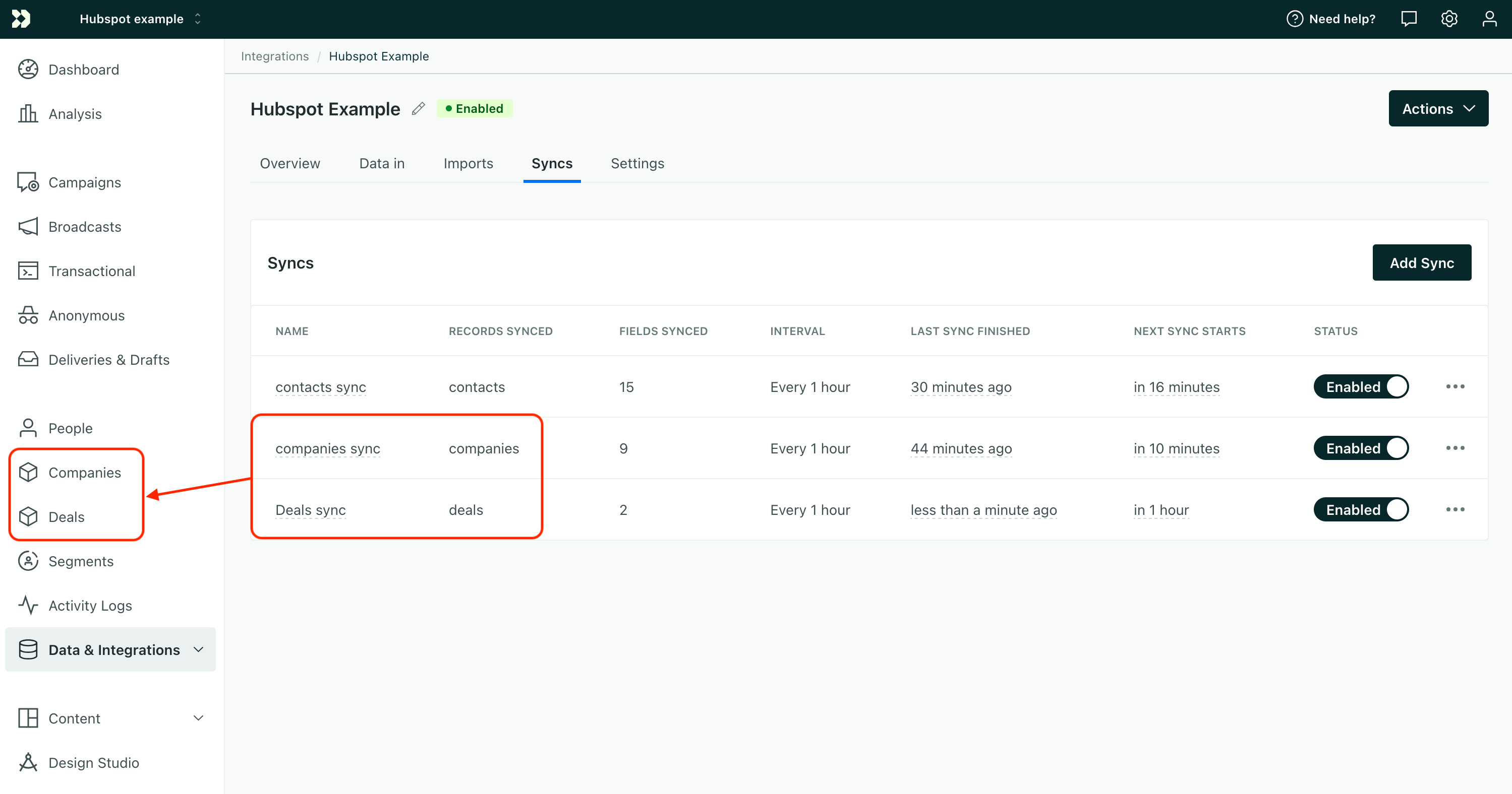 Customer.io shows syncs for companies and deals and the object types in the navigation sidebar