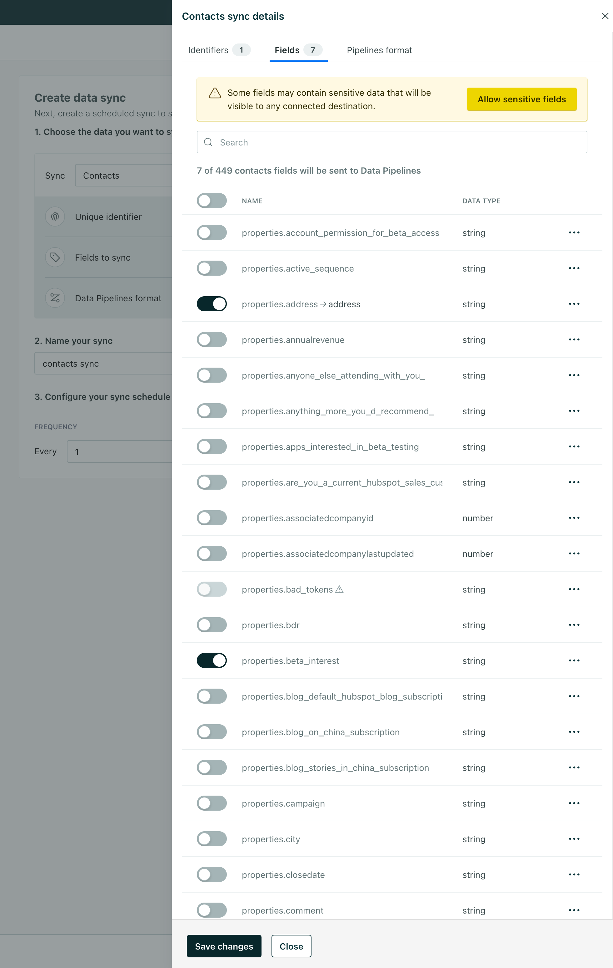 The fields to sync for a hubspot sync