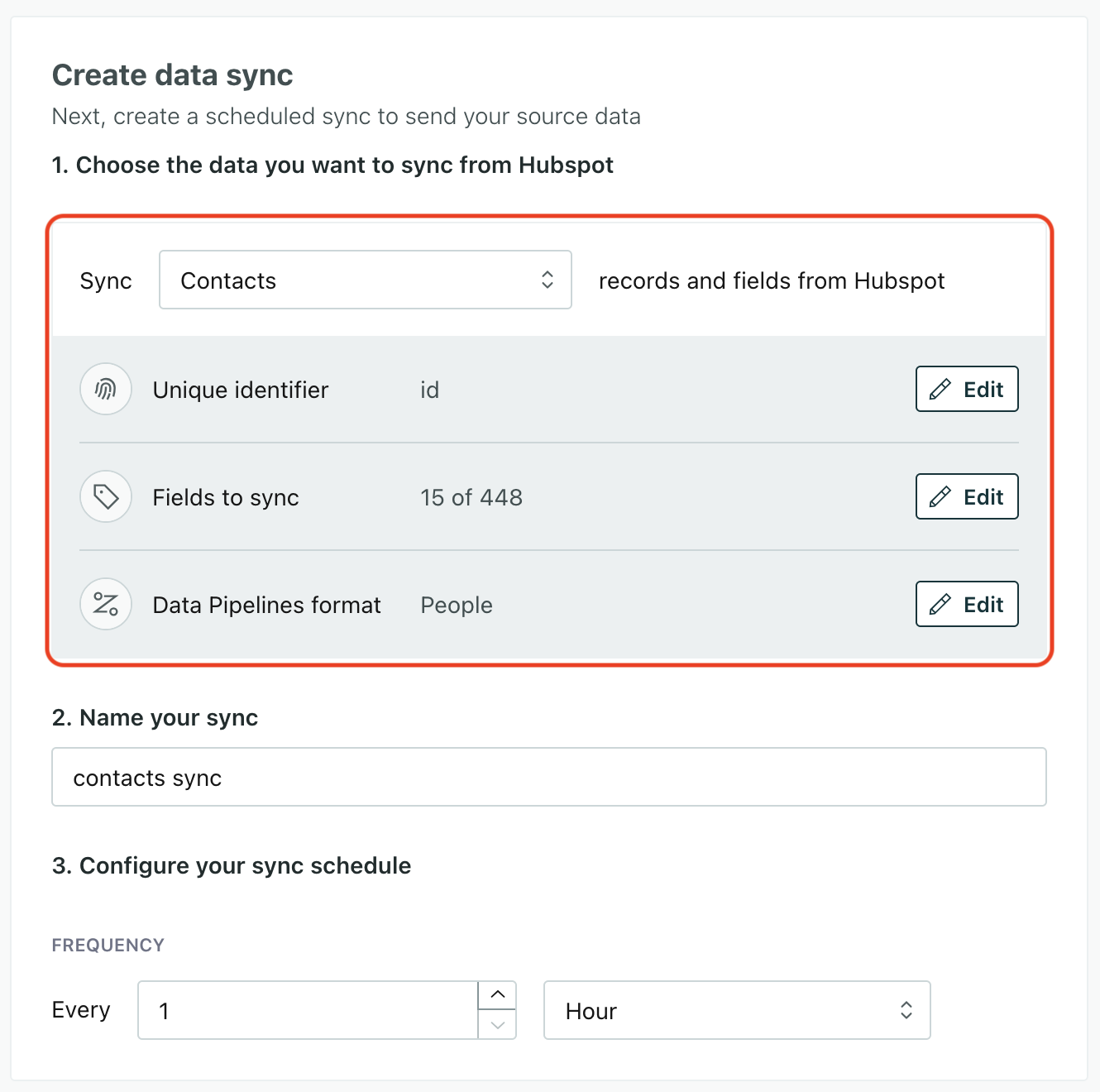 A hubspot sync setup with the sync settings highlighted—identifier, fields to sync, and data pipelines format