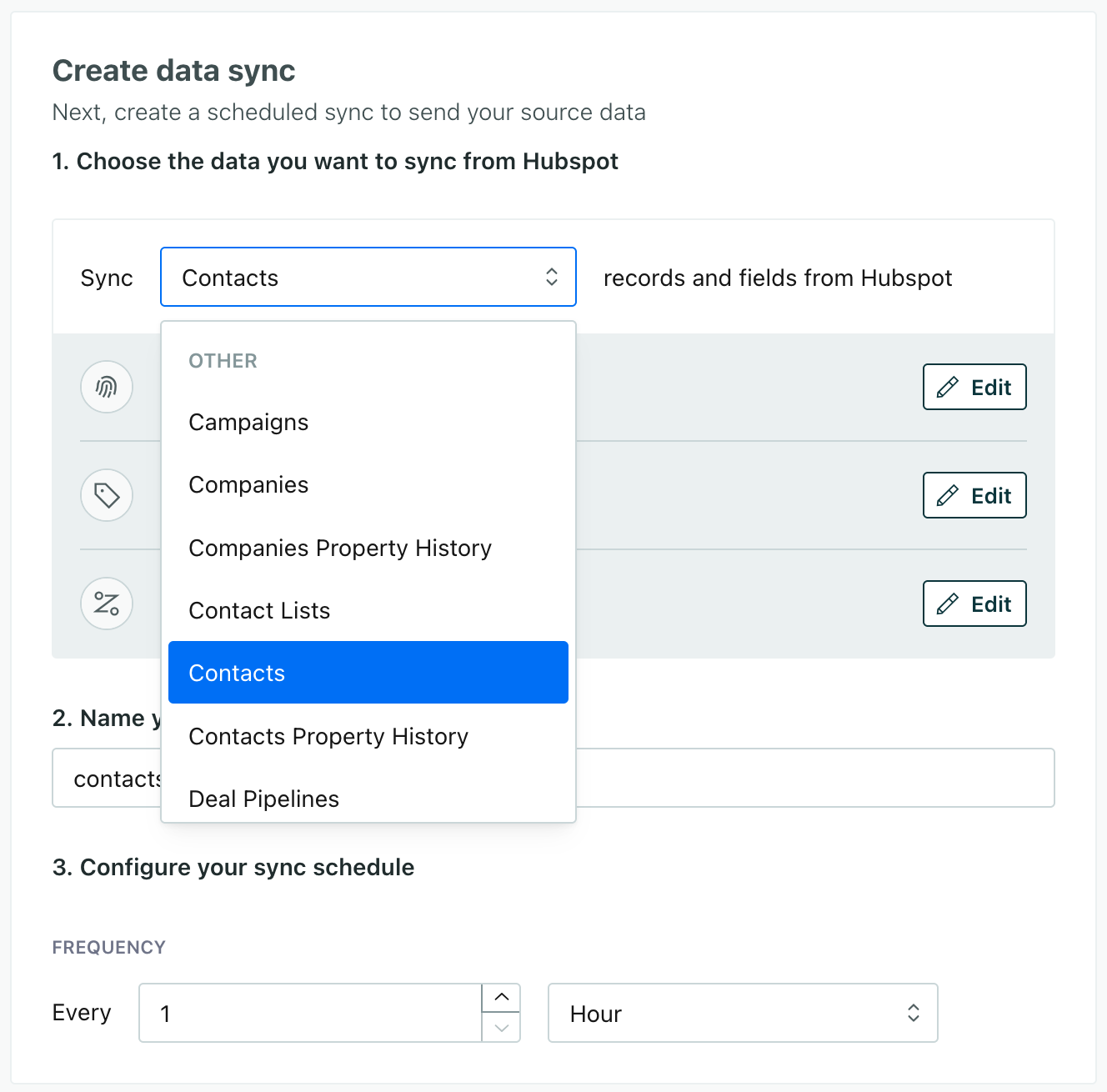 The hubspot sync list is open and shows different data types, including contacts and companies