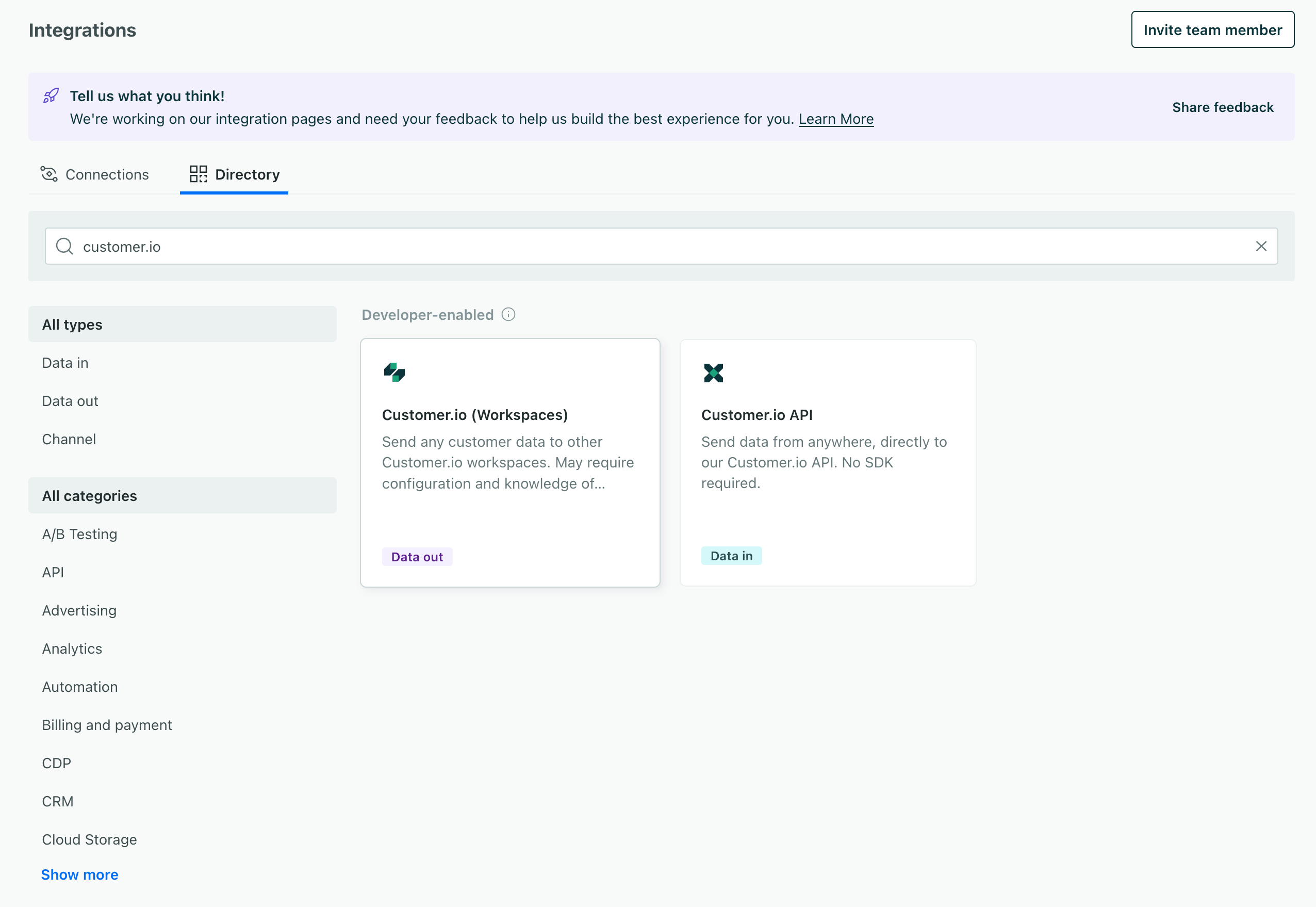 the integrations page with the workspace integration selected