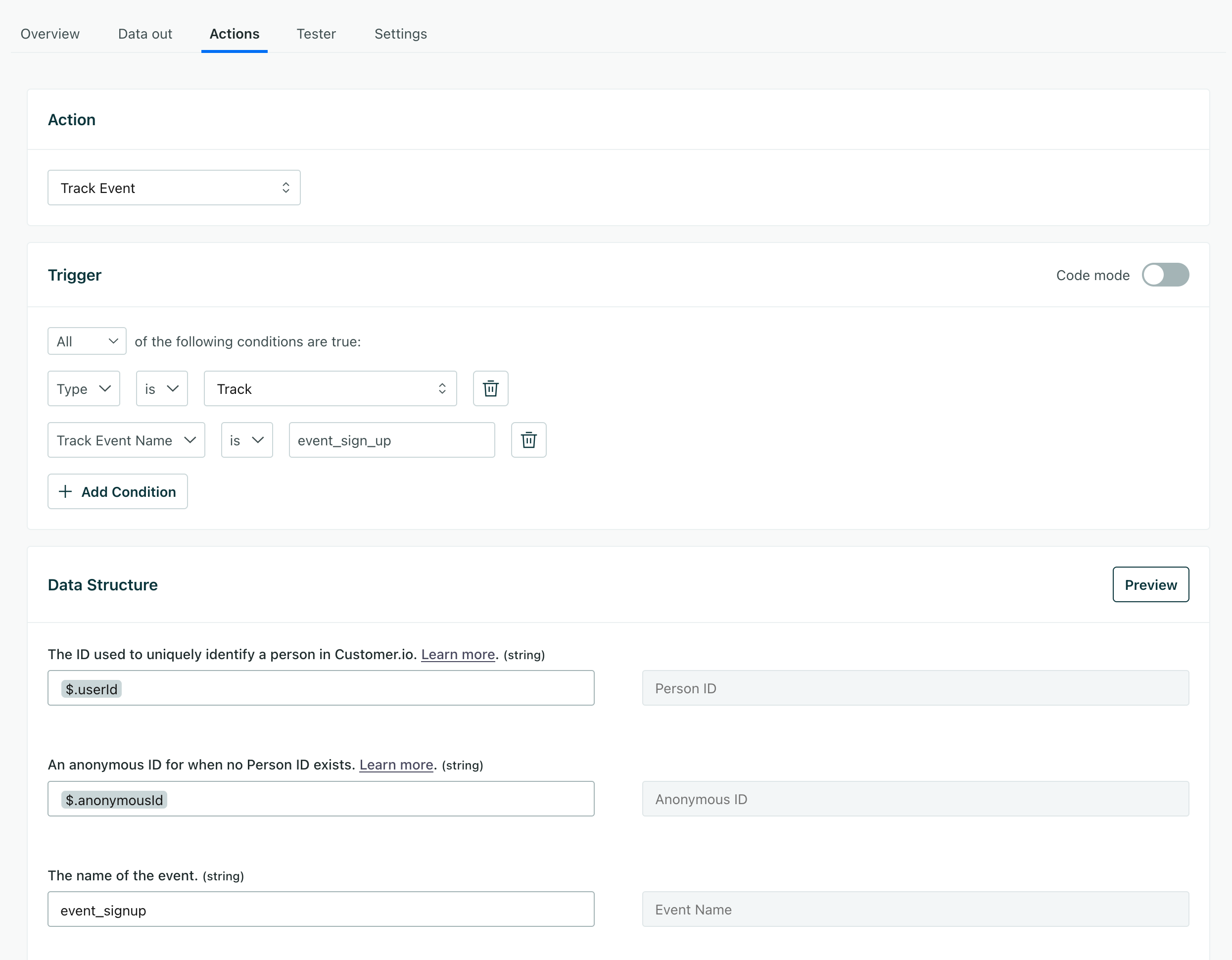 the track event action with a condition to filter out requests where the event name is event_sign_up