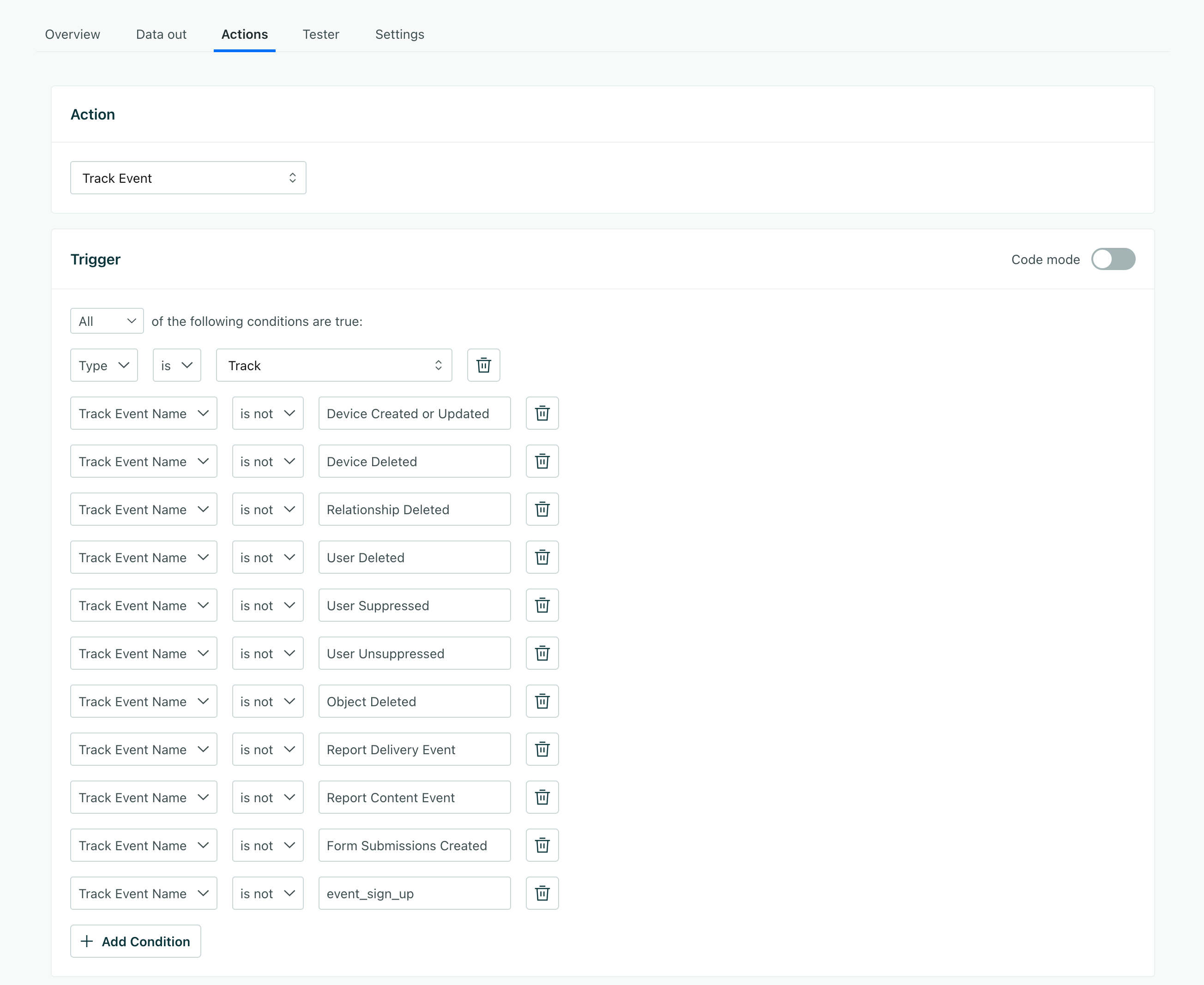 the track event action with a condition to filter out requests where the event name is not event_sign_up