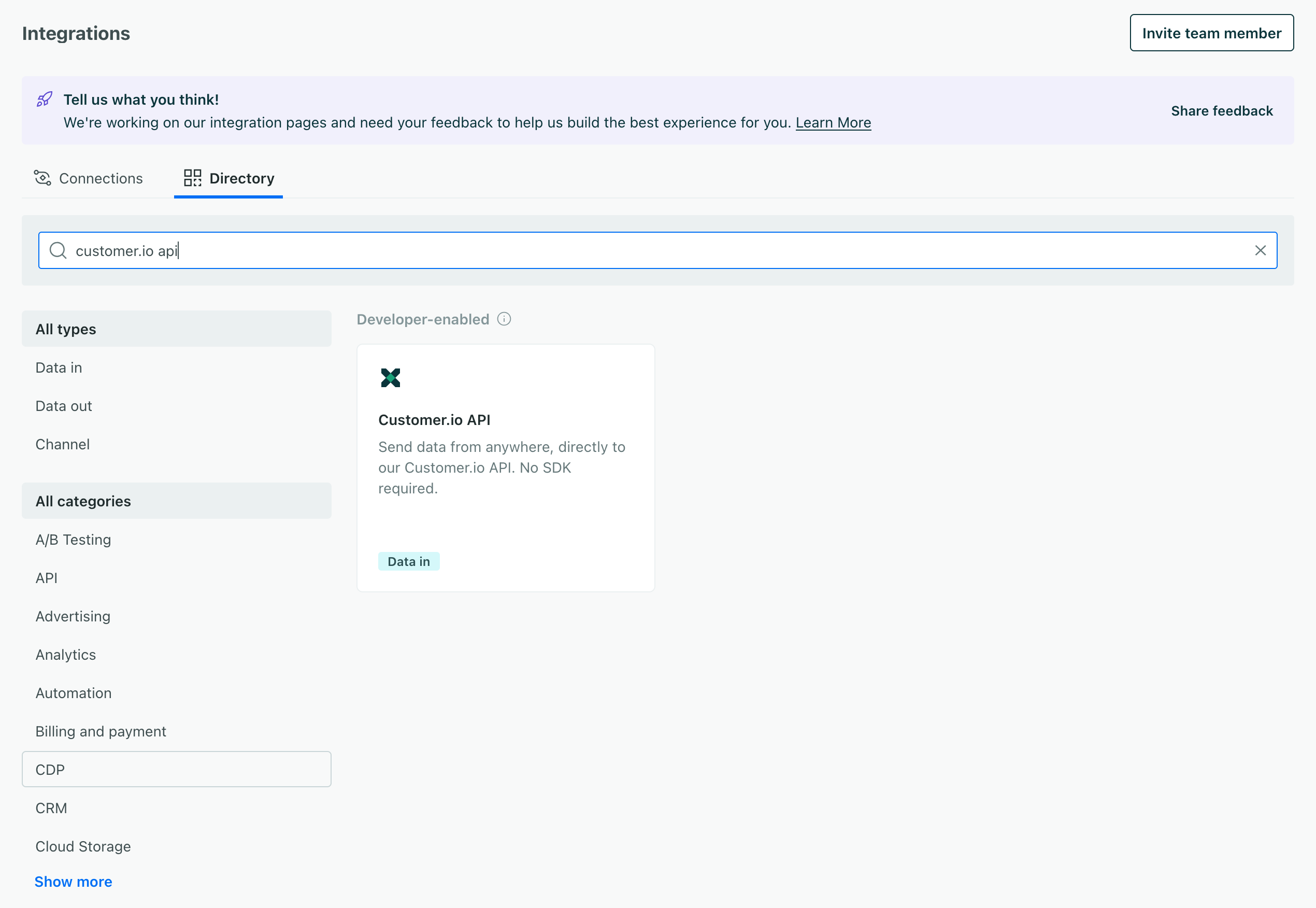 the integrations page, showing the Customer.io API integration