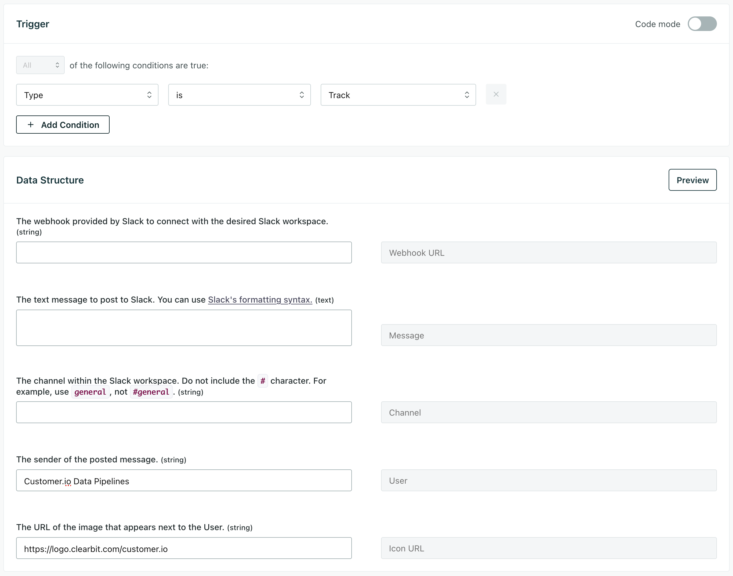 A slack action showing all of the available fields, including a trigger