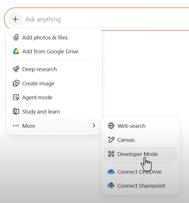 Selecting developer mode from a conversation