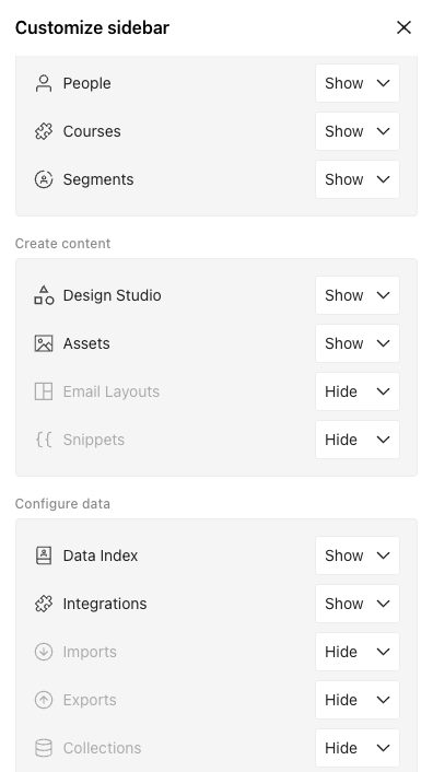 The dropdown menu for an item in the sidebar. The options are Show and Hide.