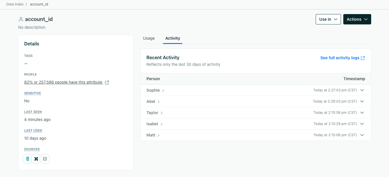 An attribute in the data index