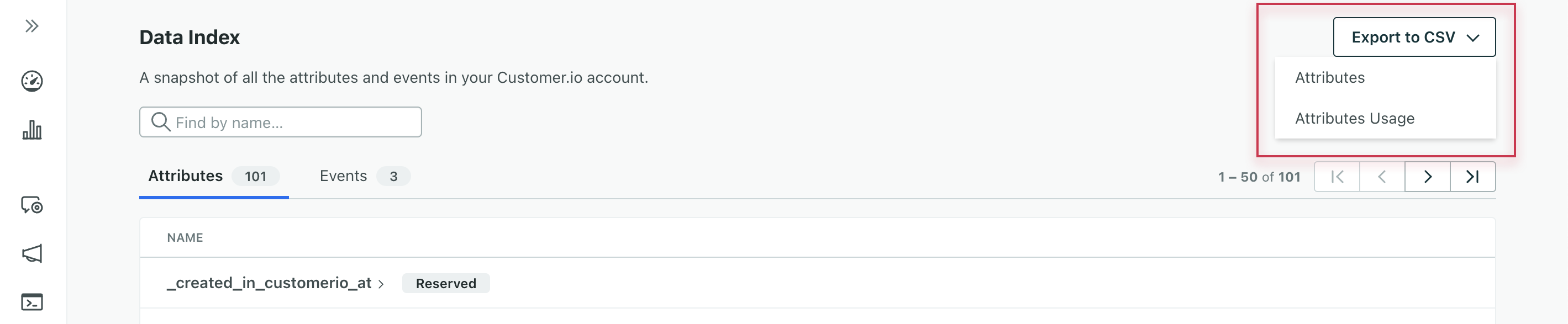 The data index page. In the top right, below the Need help button is a button labeled Export to CSV. It is selected and shows a dropdown with two options: Attributes and Attributes Usage.
