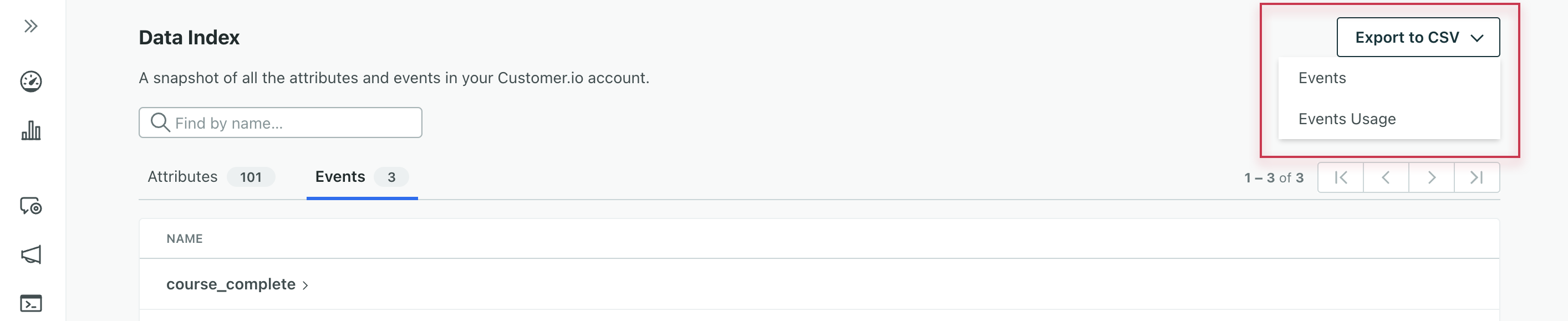 The data index page. In the top right, below the Need help button is a button labeled Export to CSV. It is selected and shows a dropdown with two options: Events and Event Usage.