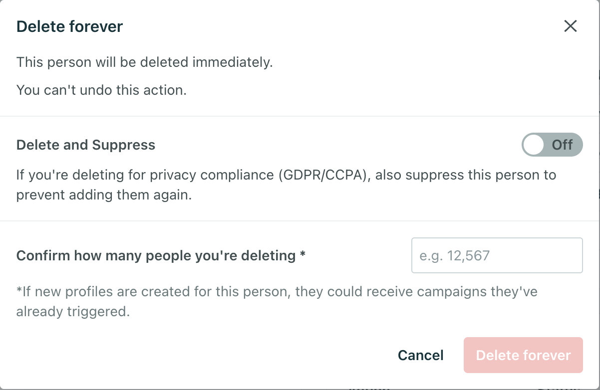 The dialog to delete and suppress a person