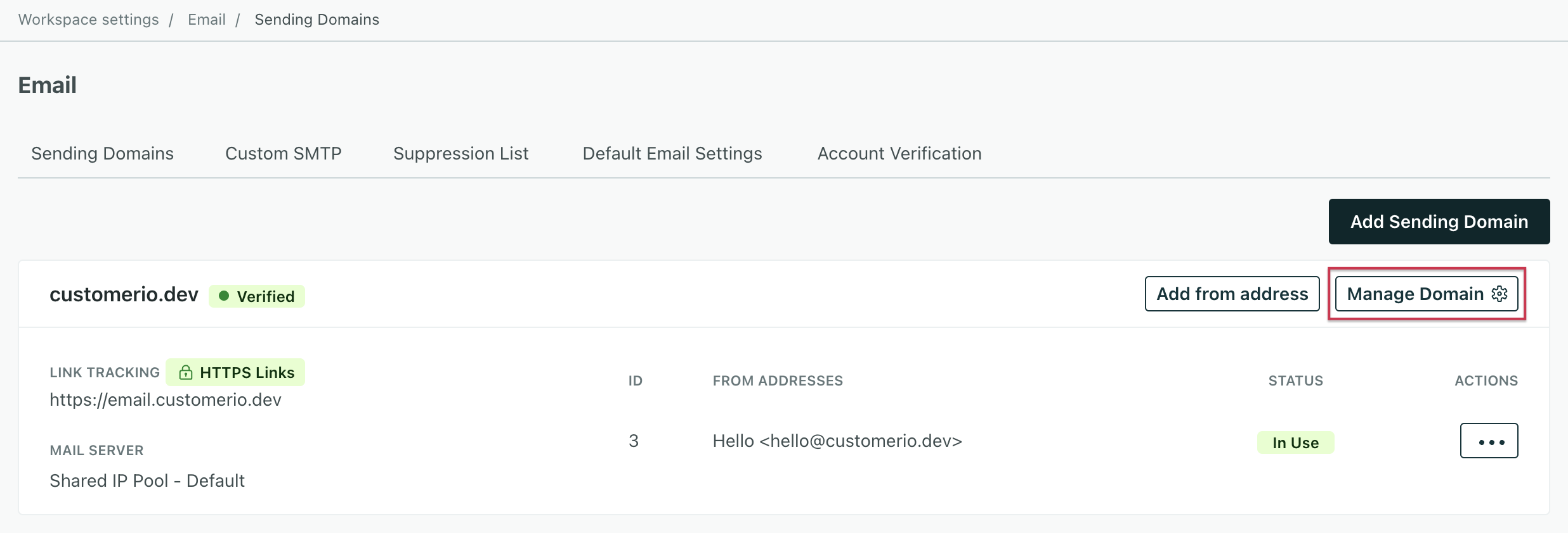 In email settings, the tab sending domains is selected. A domain is on the left. The button Show Records is on the right.