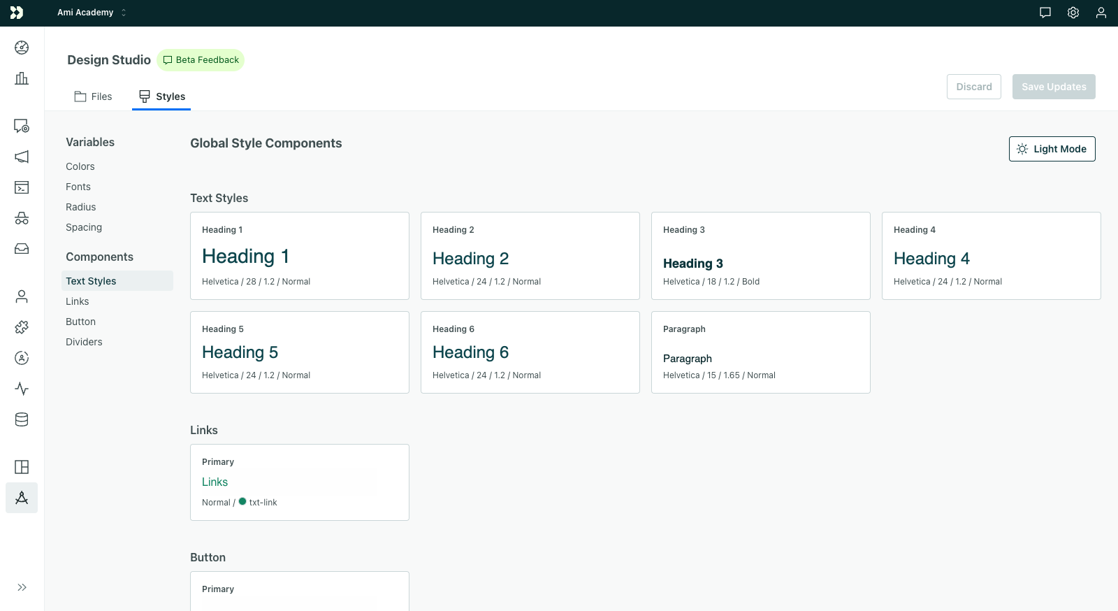 The global Styles page. On the left are a list of styles. Text styles is selected. On the right are a list of heading styles.