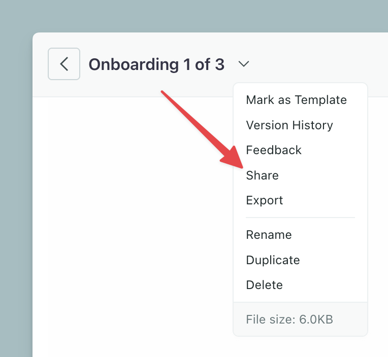 The top-left of the Design Studio editor. A dropdown menu with an arrow pointing to the Share option.
