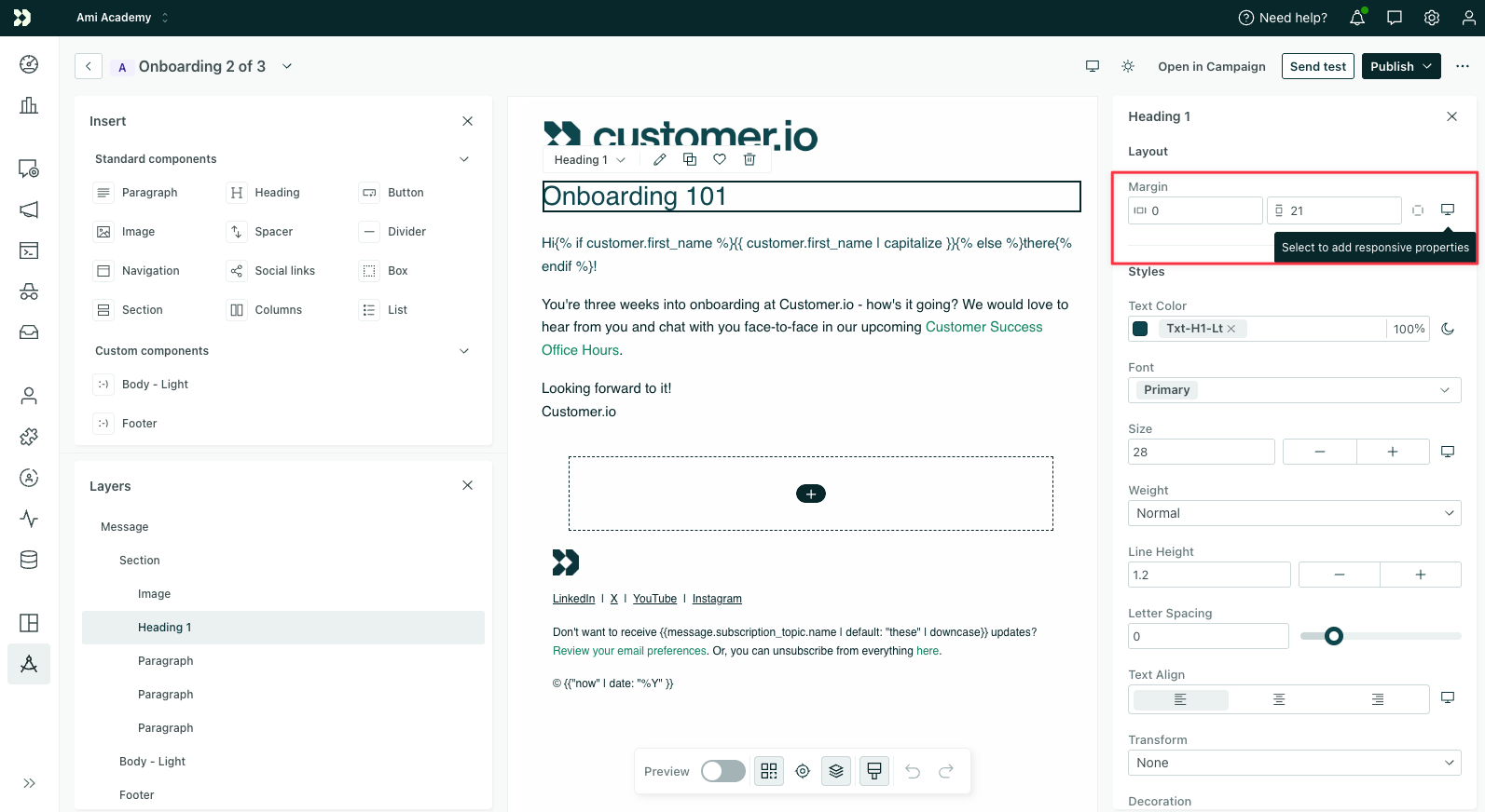 On the right is the Properties menu for a heading. At the top is the margin property. On the right is the desktop icon.