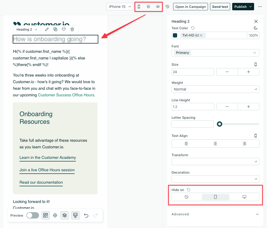 Design Studio visual editor. A heading is hidden on mobile. The preview is for mobile with hide content disabled so the heading is opaque.