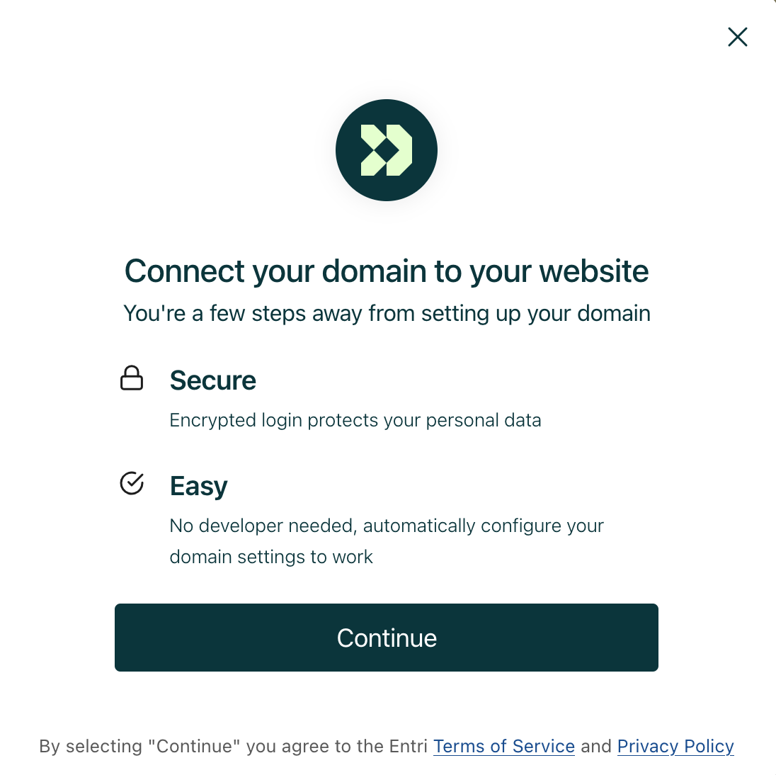 The Entri setup window showing the continue button