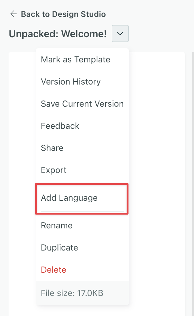 Add language is selected in the dropdown menu at the top of a design studio email.