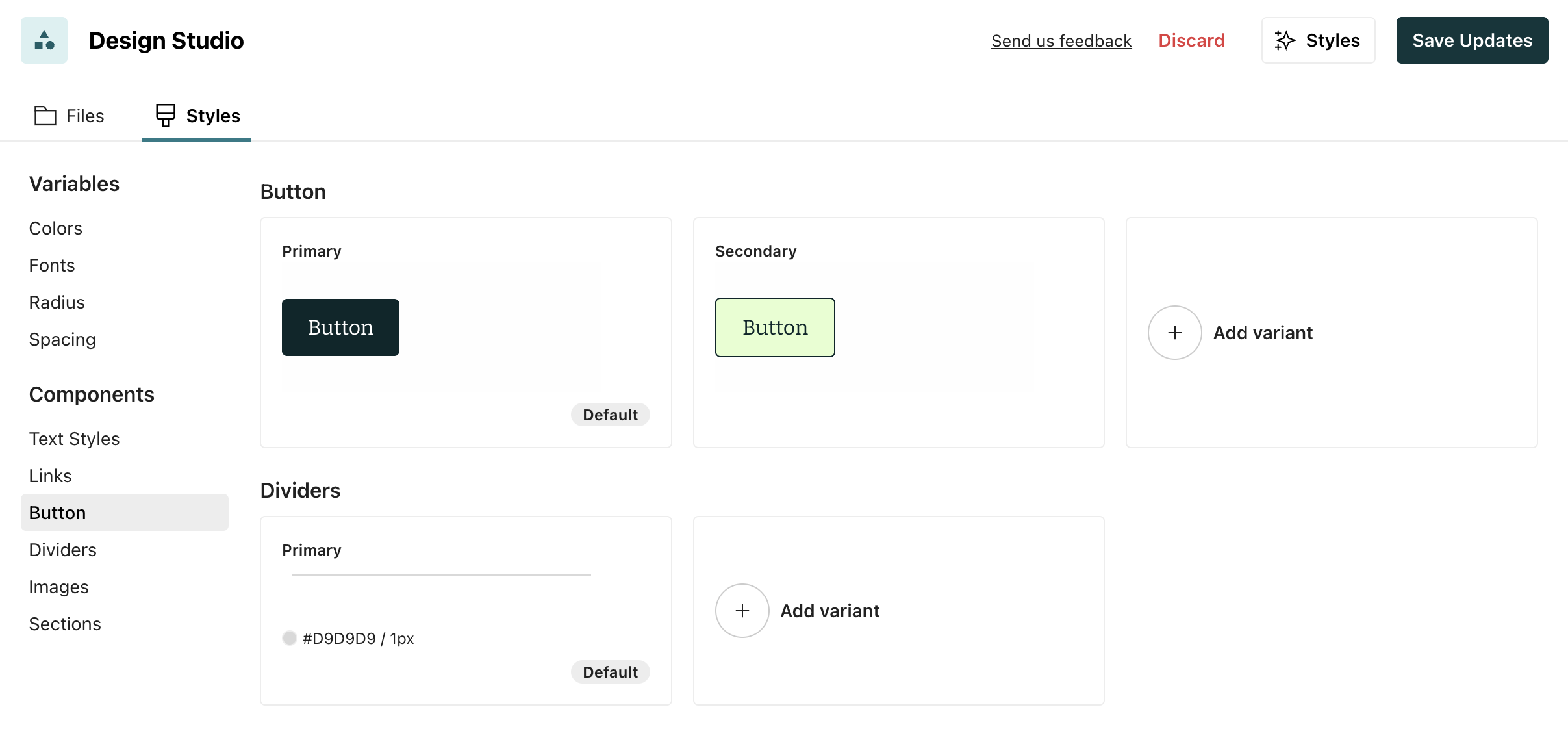 The global styles page shows a button with two variants called primary and secondary.