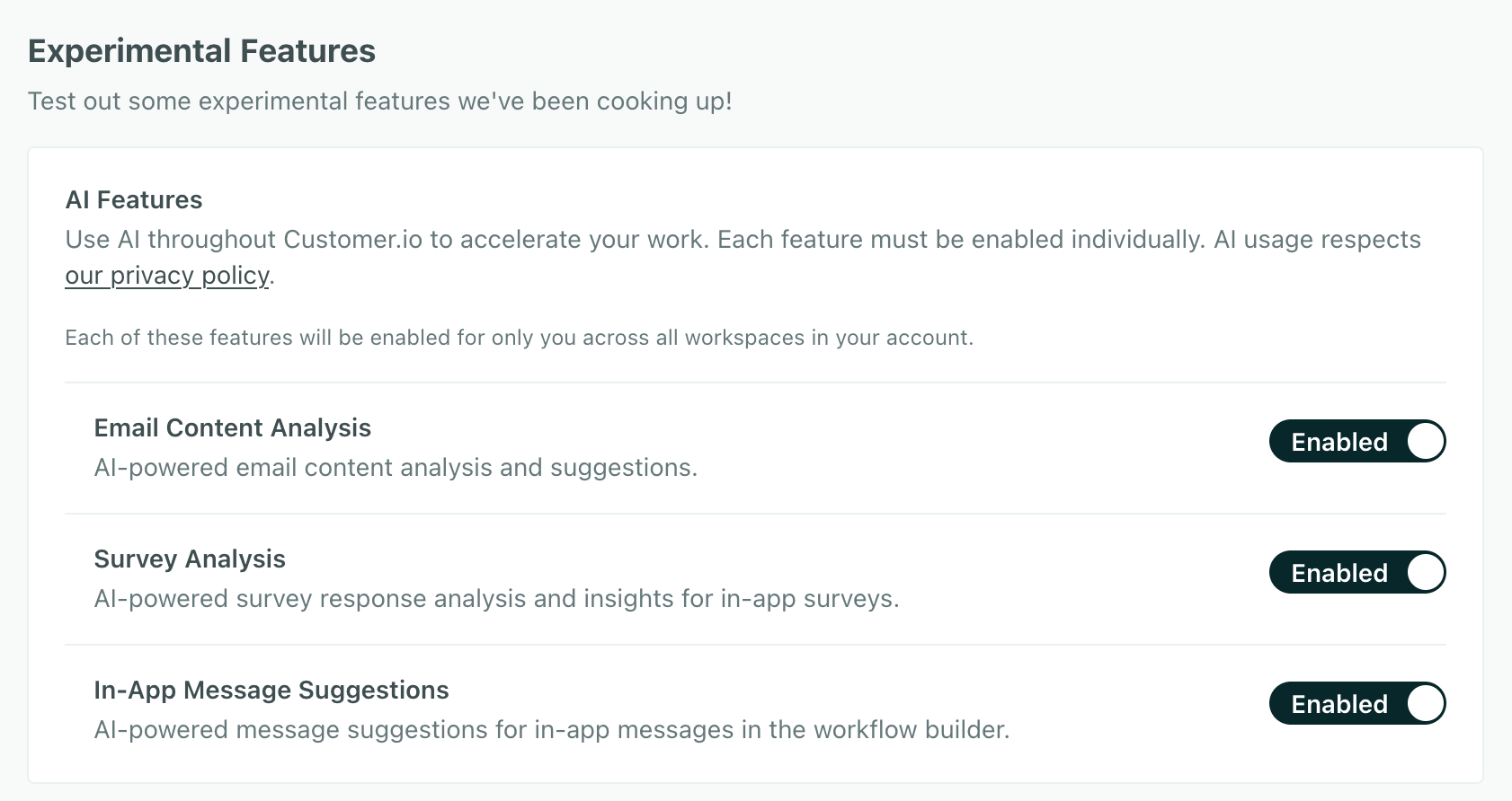 The Experimental Features section containing the survey analysis feature