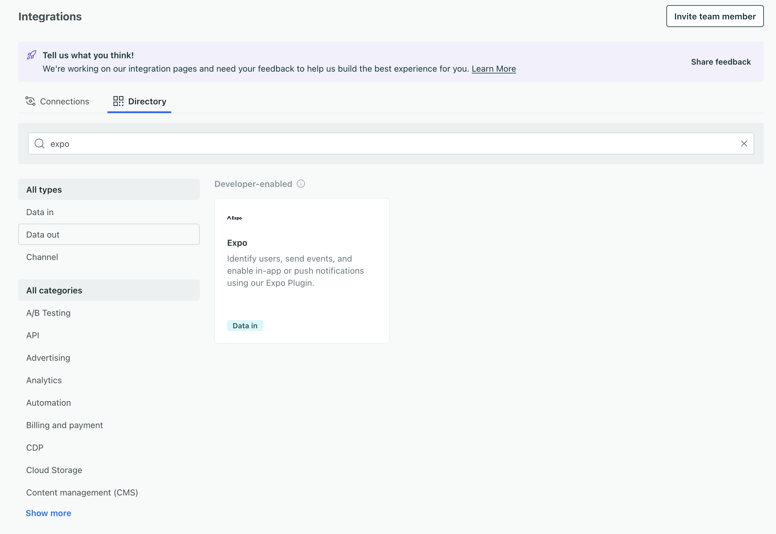 The expo setup page with the integration named 'My Expo App'