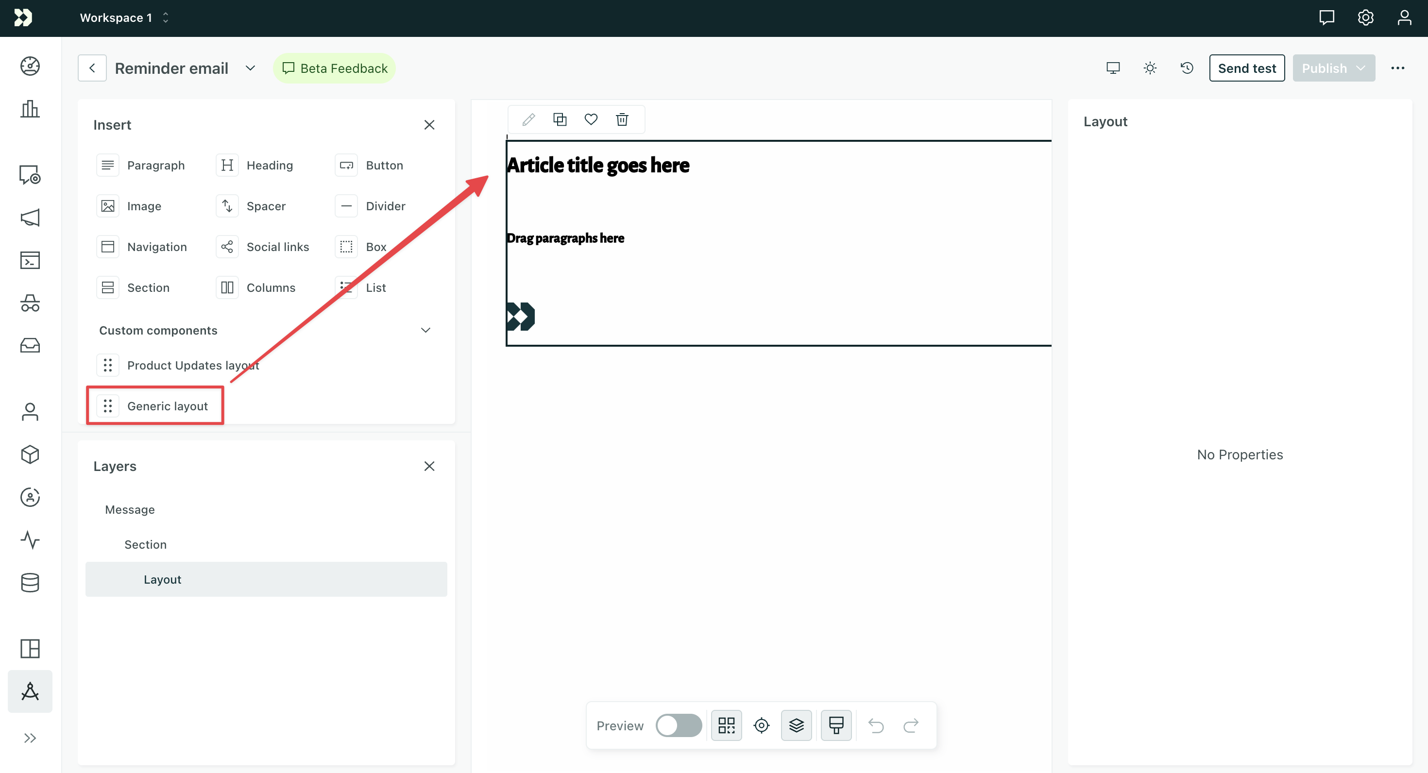 The visual editor shows the generic layout on the canvas.