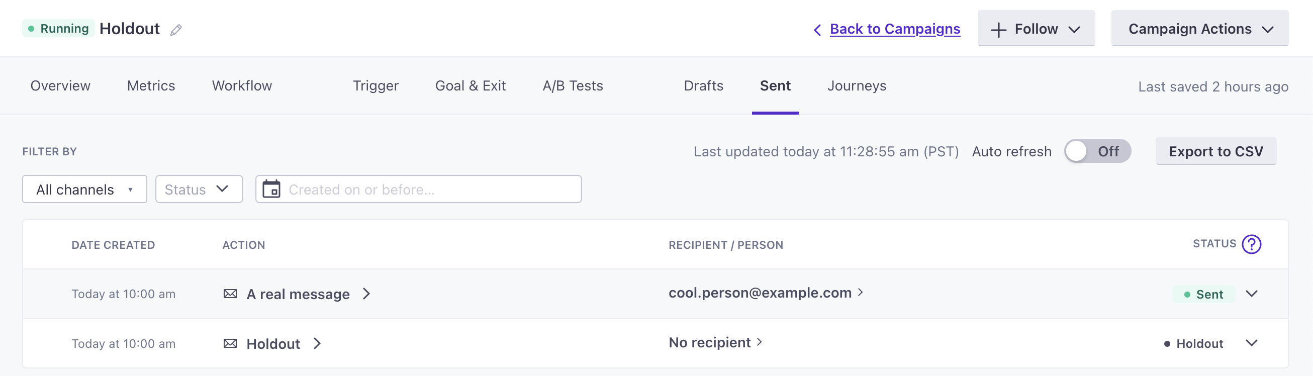 messages in a holdout test show their status as holdout