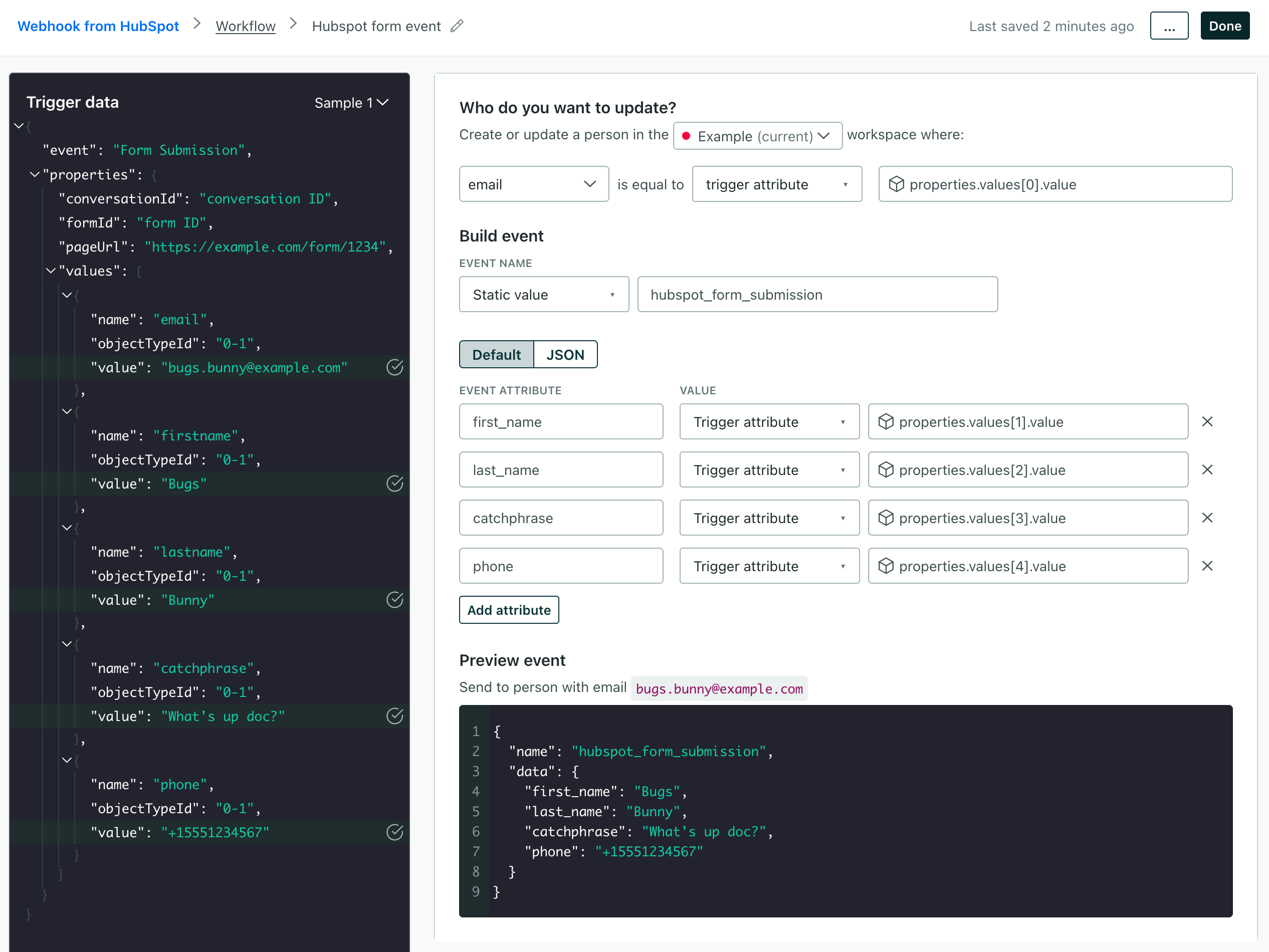 an example event generated by a campaign from an incoming HubSpot webhook