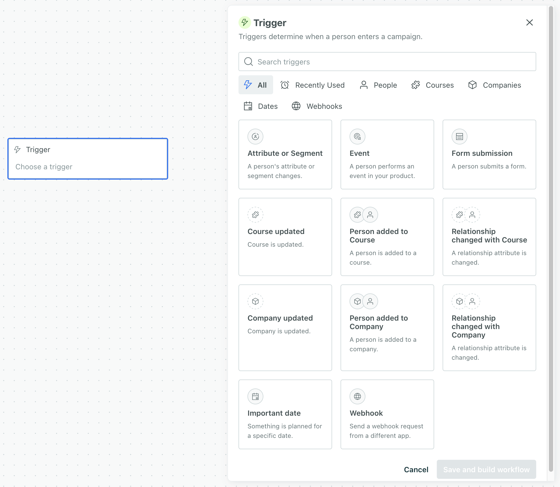 The list of trigger options, with the webhook option at the bottom hovered