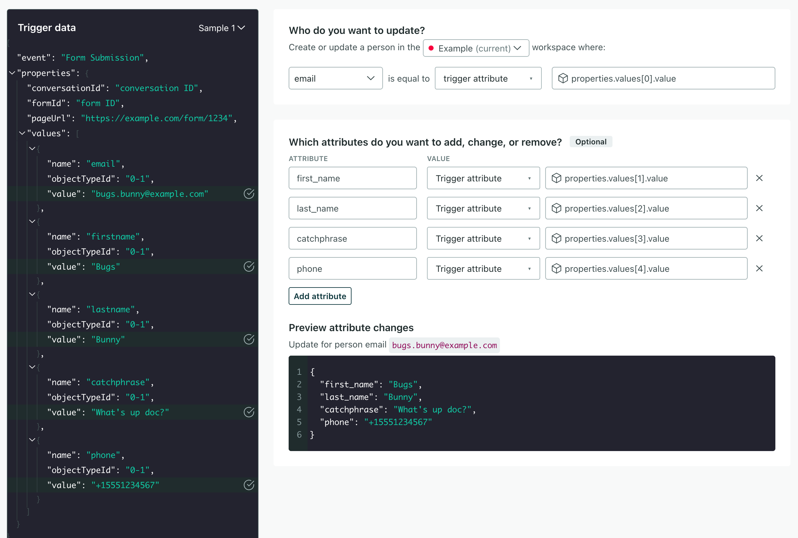 an example of setting attributes on a person's profile from an incoming HubSpot webhook