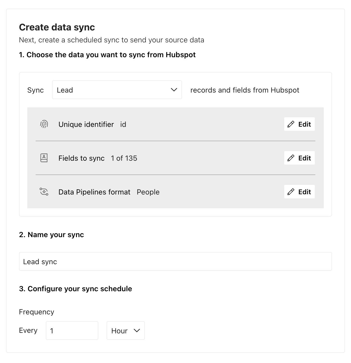 HubSpot sync custom sync showing the sync name and sync type
