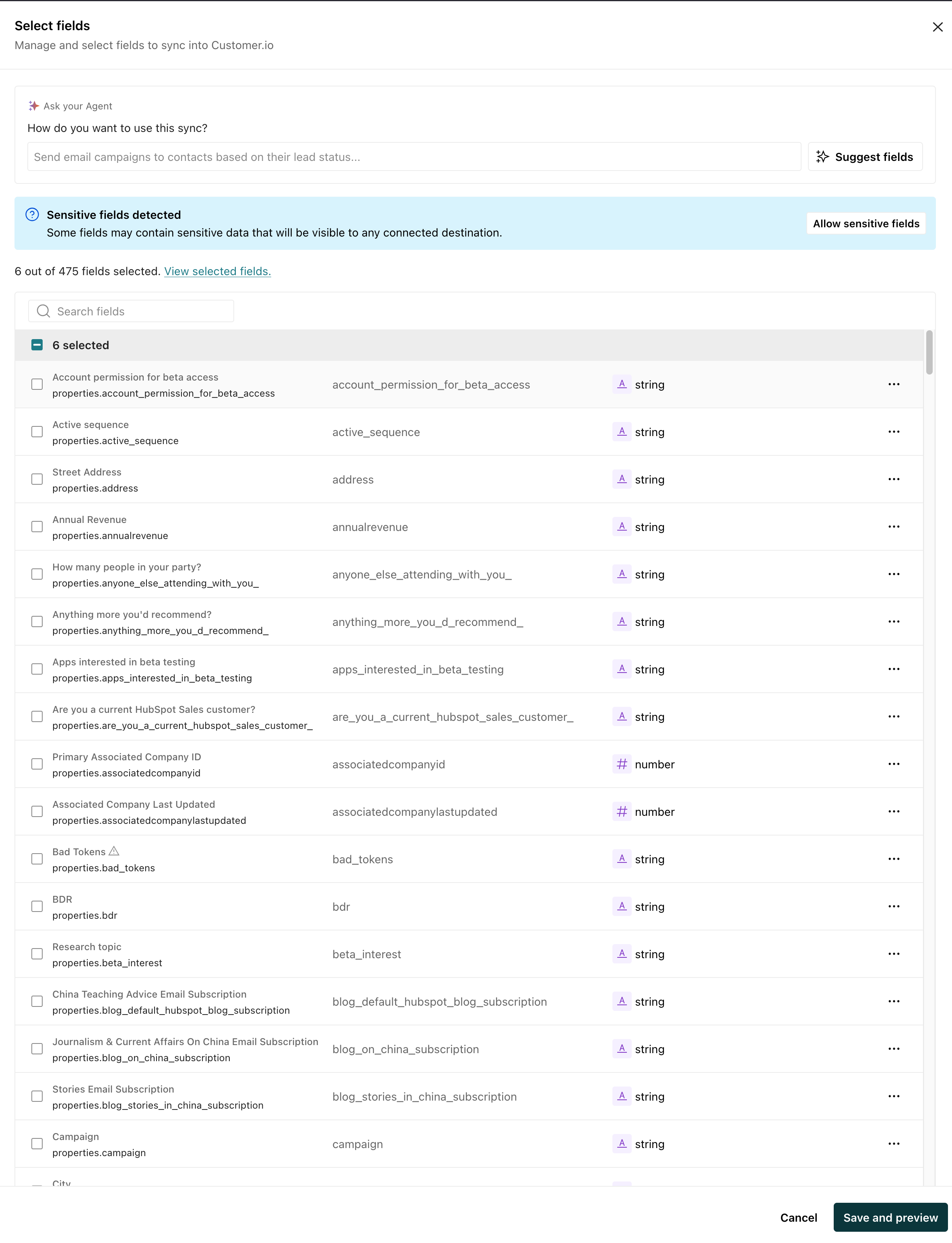 HubSpot sync fields showing the fields you can add to your sync